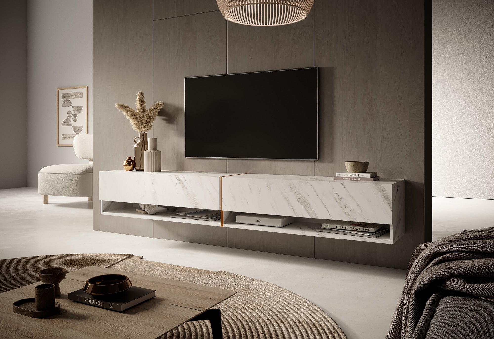 TV-Schrank Mirrgo 200 cm weißer Marmor mit goldener Einlage