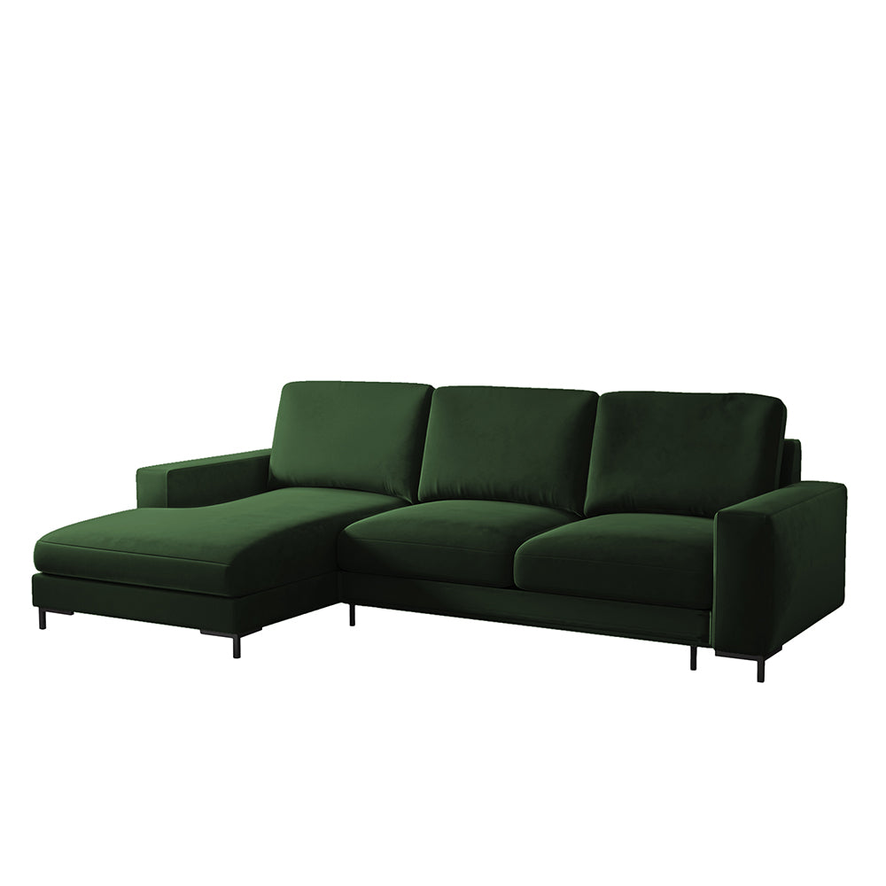 Ecksofa mit Schlaffunktion Mokpeo, L-förmig, mit zwei Stauraumfächern, schwarze Füße, samtiges Flaschengrün, linksseitig