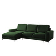 Ecksofa mit Schlaffunktion Mokpeo, L-förmig, mit zwei Stauraumfächern, schwarze Füße, samtiges Flaschengrün, linksseitig