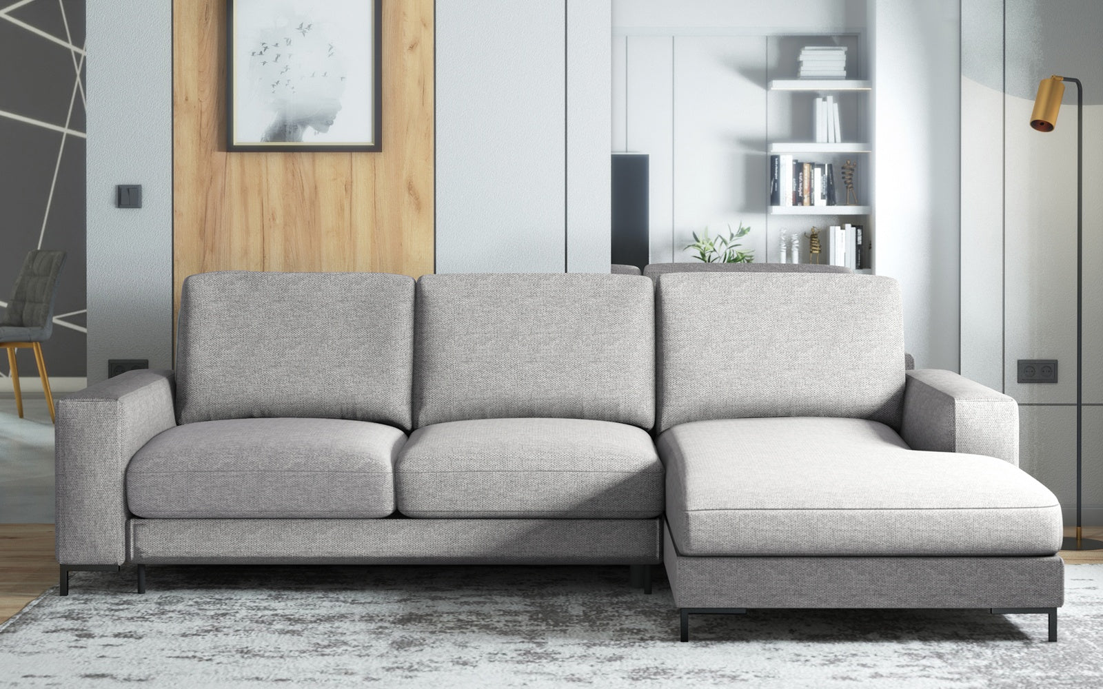 Ecksofa mit Schlaffunktion Mokpeo, L-förmig, mit zwei Stauraumfächern, auf schwarzen Füßen, hellgrau, aus pflegeleichtem Stoff, rechtsseitig