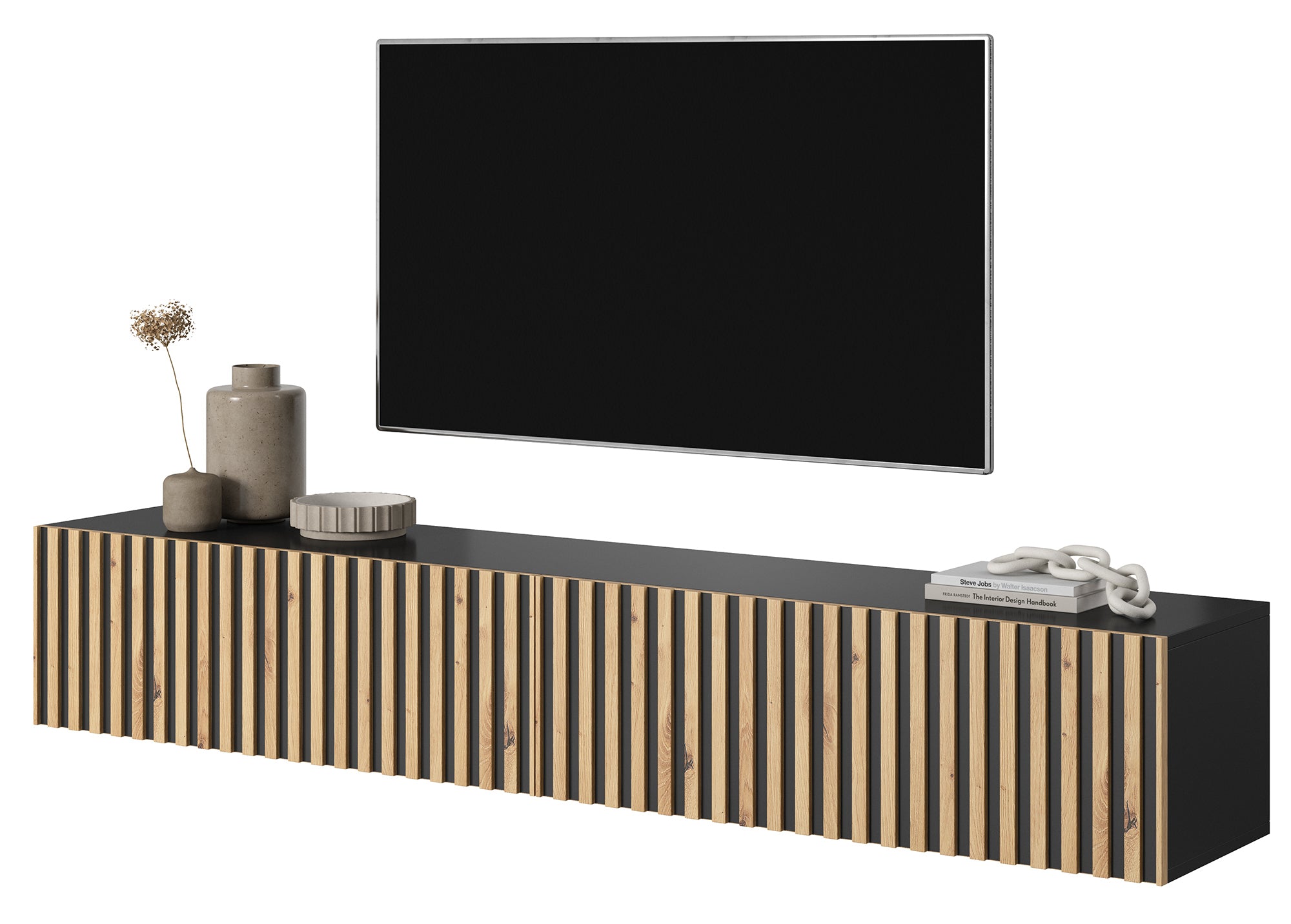 TV-Schrank Telire 175 cm schwarz mit lamellenförmiger Front Artisan-Eiche