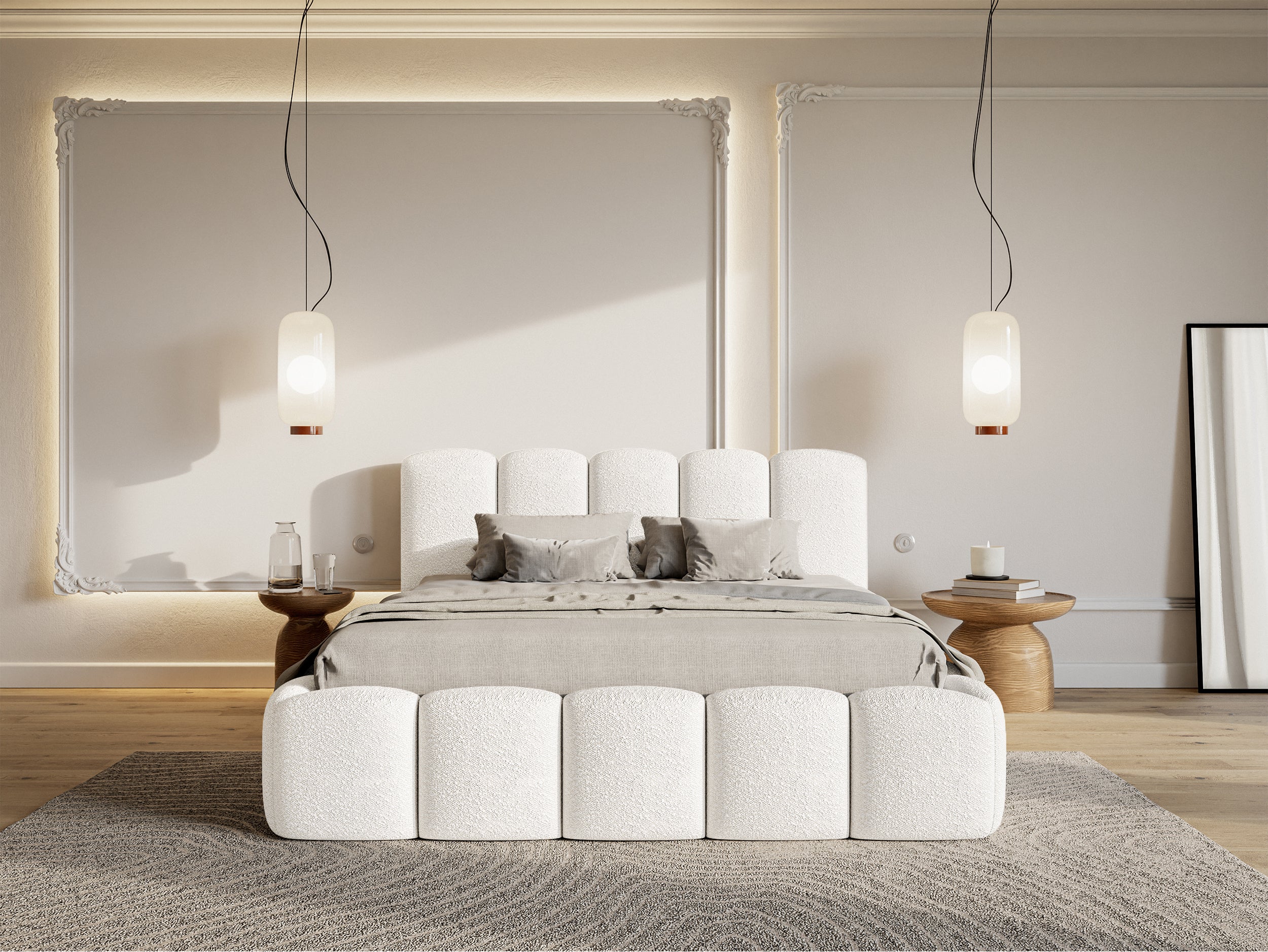 Polsterbett 160x200 cm Cloudy II mit Stauraum, cremefarbenes Bouclé, Metallrahmen