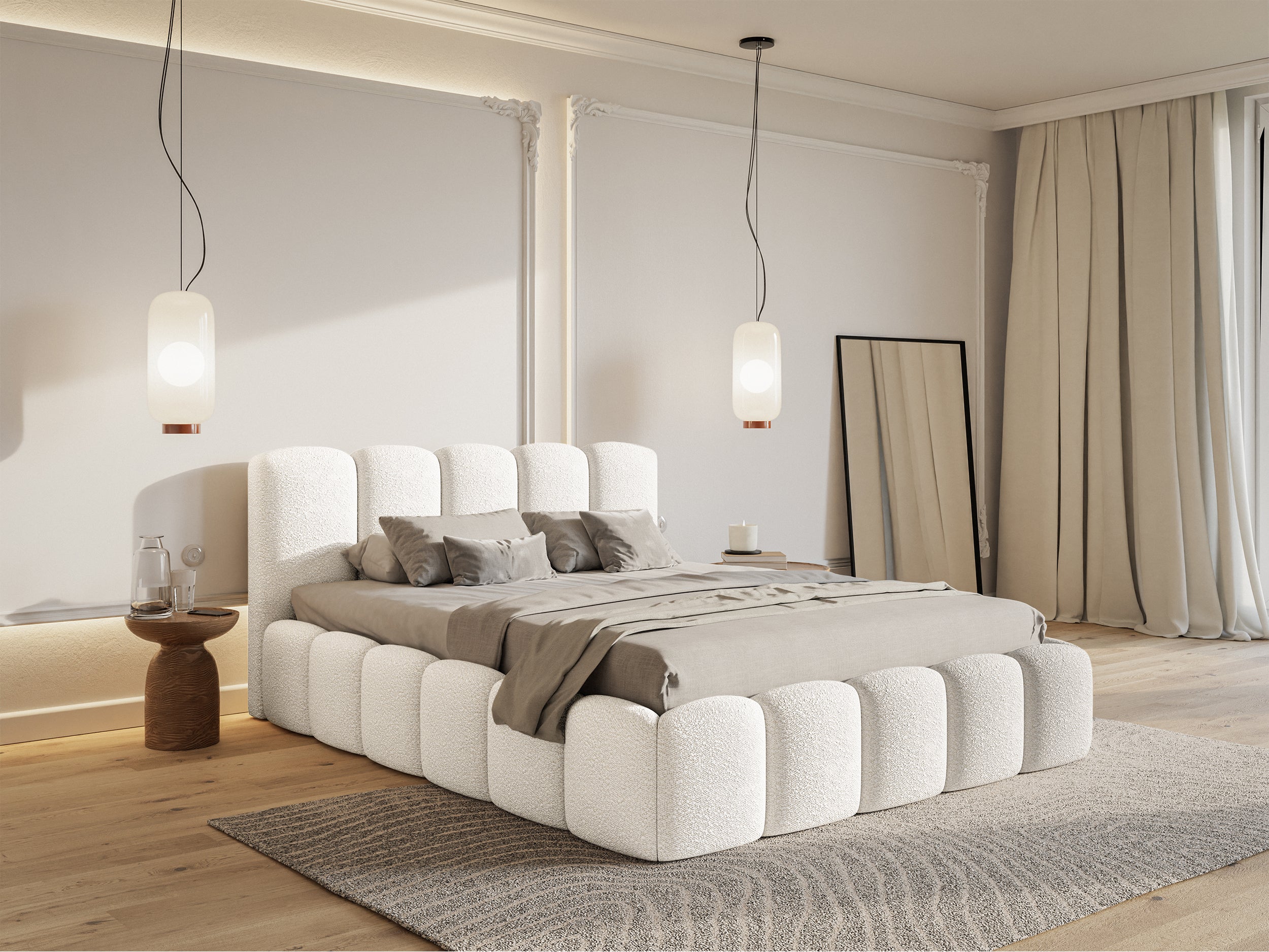 Polsterbett 180x200 cm Cloudy II mit Stauraum, cremefarbenes Bouclé, Metallrahmen