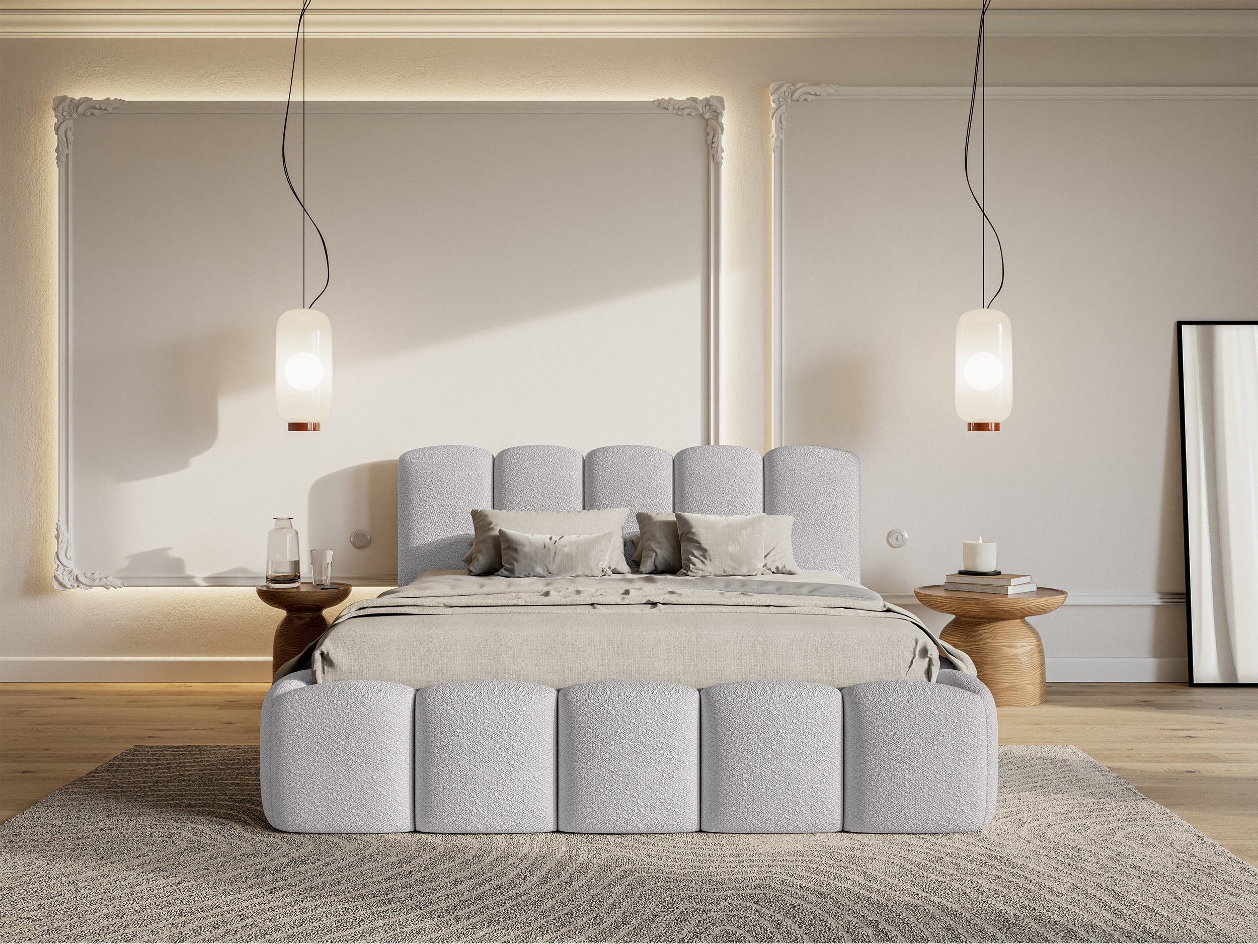 Polsterbett 140x200 cm Cloudy II mit Stauraum, hellgrauer Bouclé-Stoff, Metallrahmen