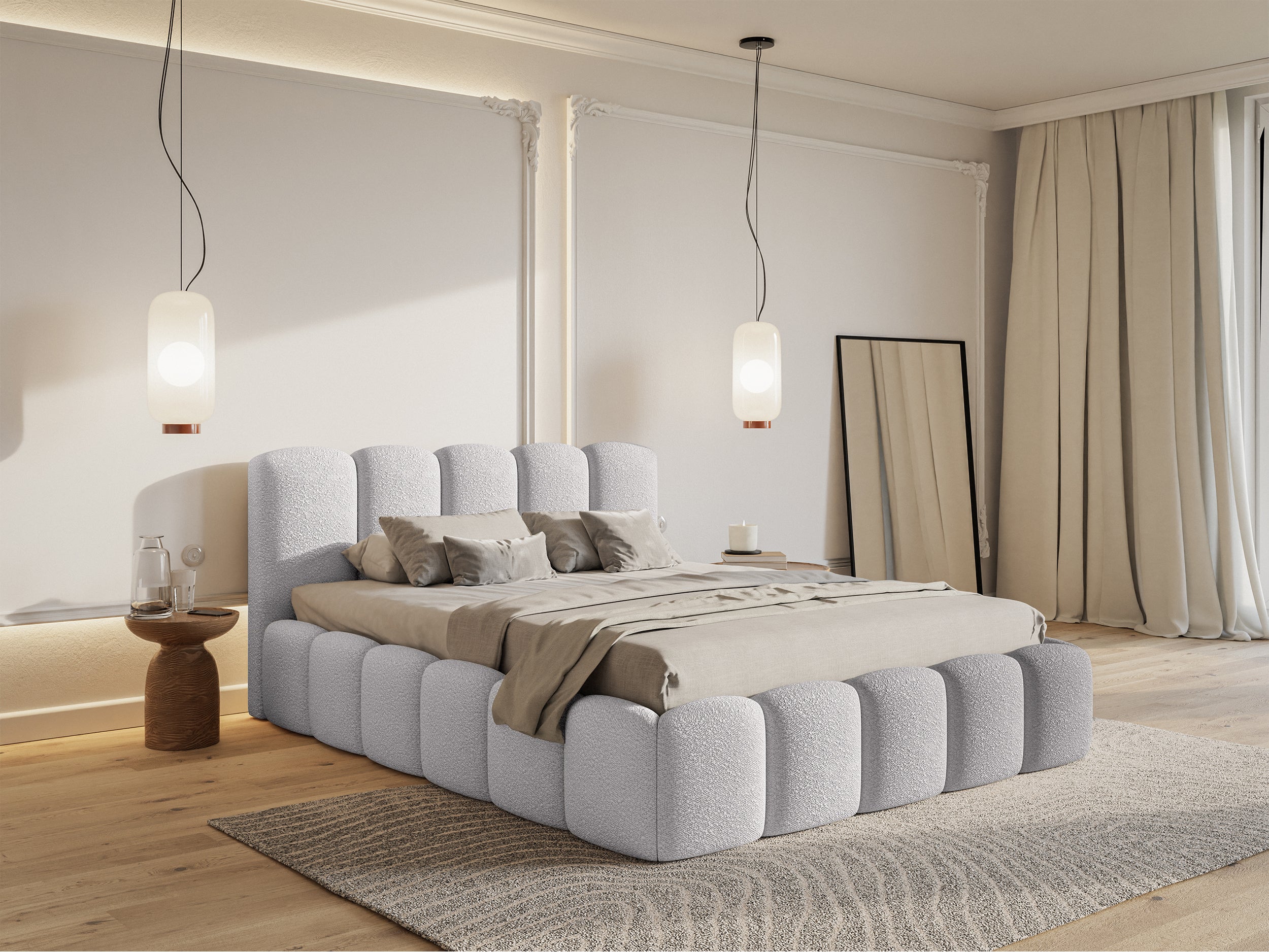 Polsterbett 140x200 cm Cloudy II mit Stauraum, hellgrauer Bouclé-Stoff, Metallrahmen