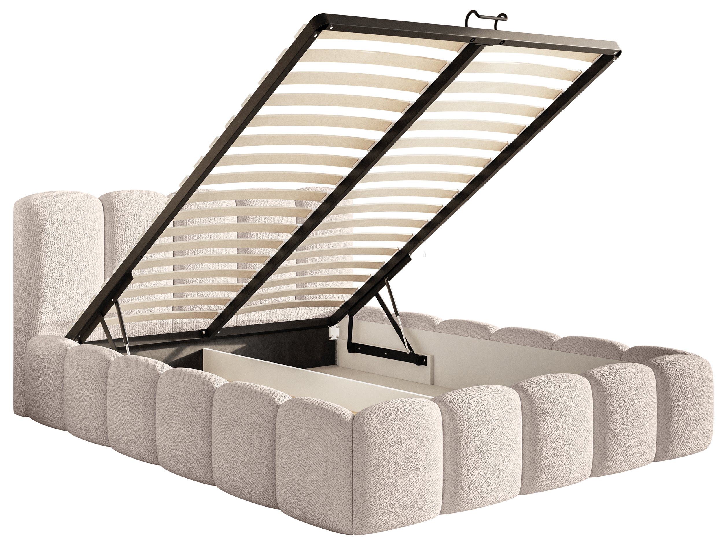 Polsterbett 180x200 cm Cloudy II mit Stauraum, hellbeige Bouclé, Metallrahmen
