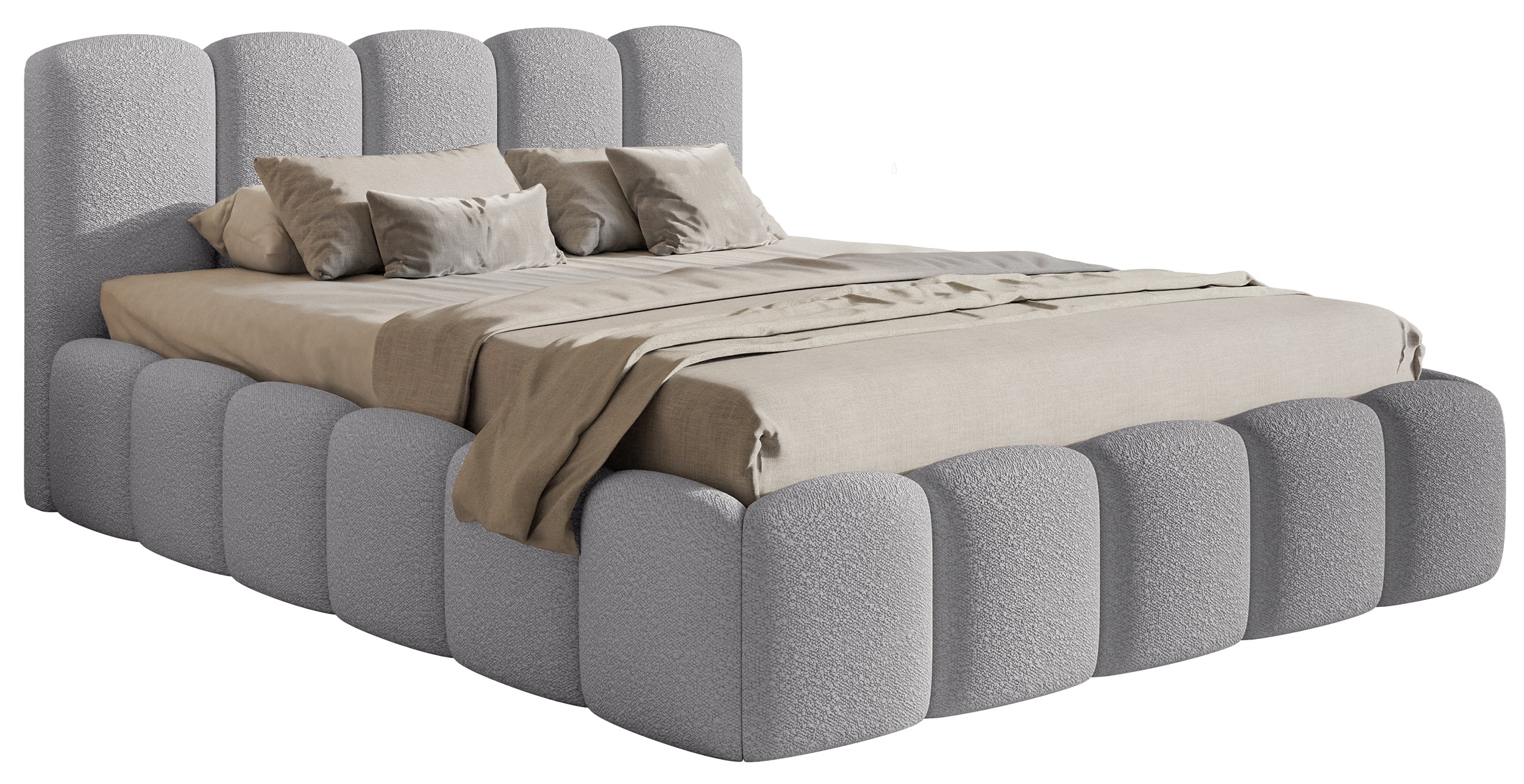 Gepolstertes Bett 160x200 cm Cloudy II mit Stauraum, grauer Bouclé-Stoff, Metallrahmen