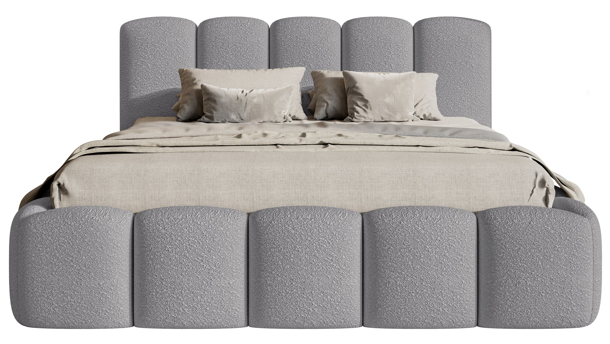 Gepolstertes Bett 140x200 cm Cloudy II mit Stauraum, grauer Bouclé, Metallrahmen