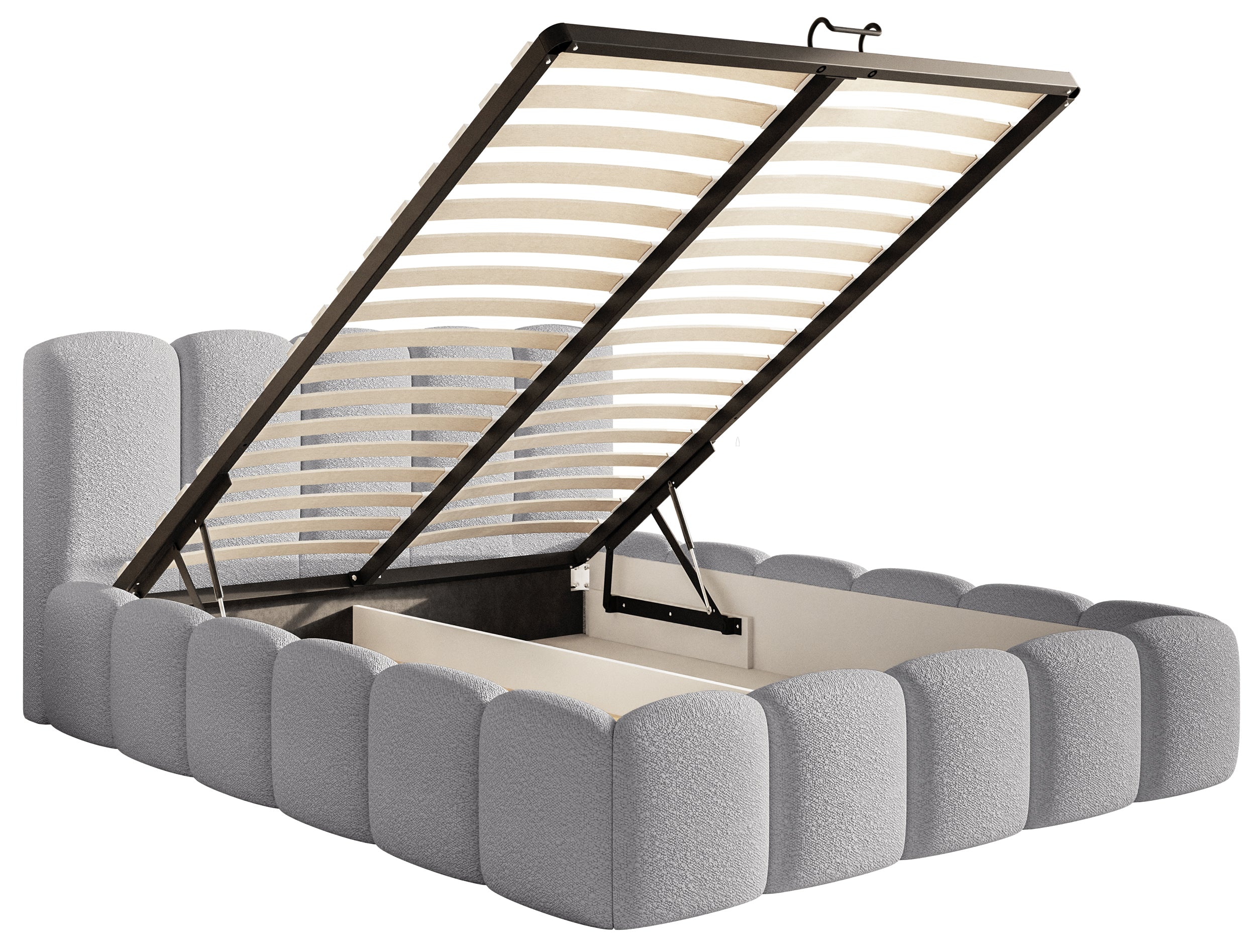 Gepolstertes Bett 140x200 cm Cloudy II mit Stauraum, grauer Bouclé, Metallrahmen