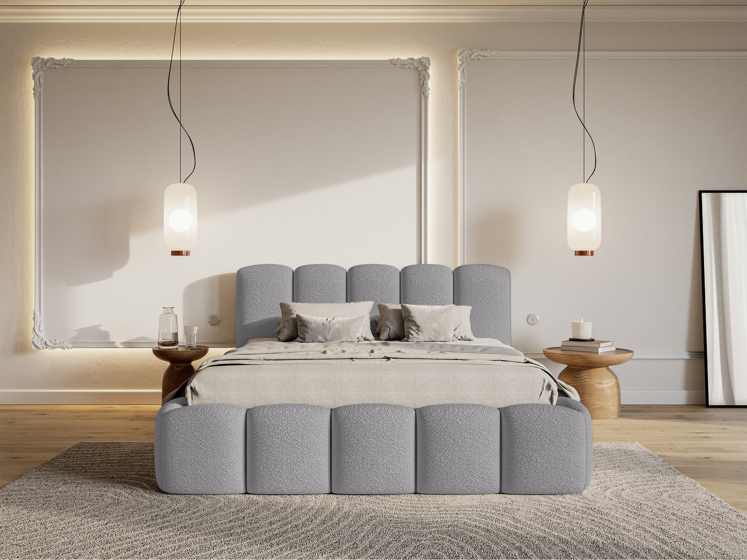 Gepolstertes Bett 160x200 cm Cloudy II mit Stauraum, grauer Bouclé-Stoff, Metallrahmen