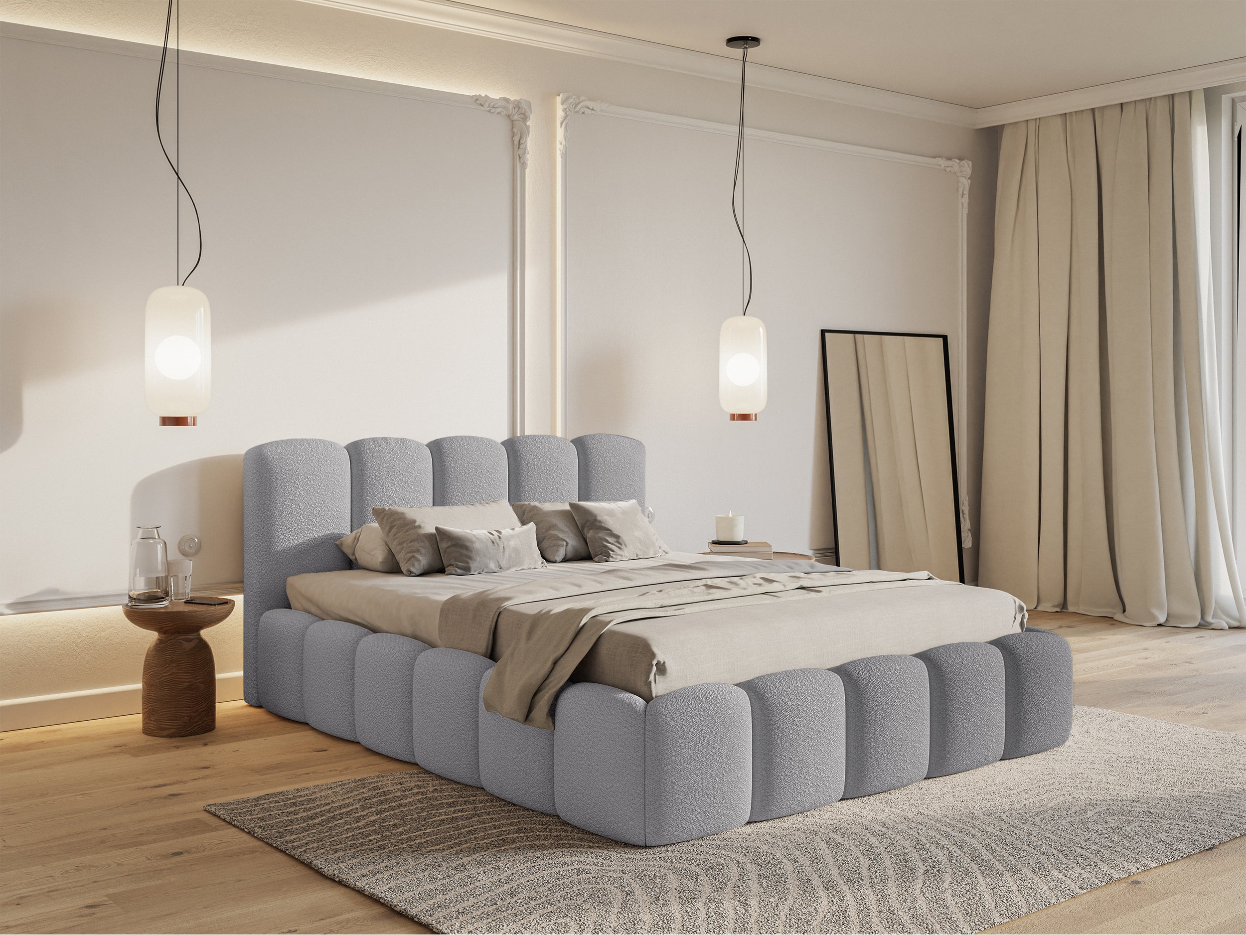 Gepolstertes Bett 180x200 cm Cloudy II mit Stauraum, grauer Bouclé, Metallrahmen