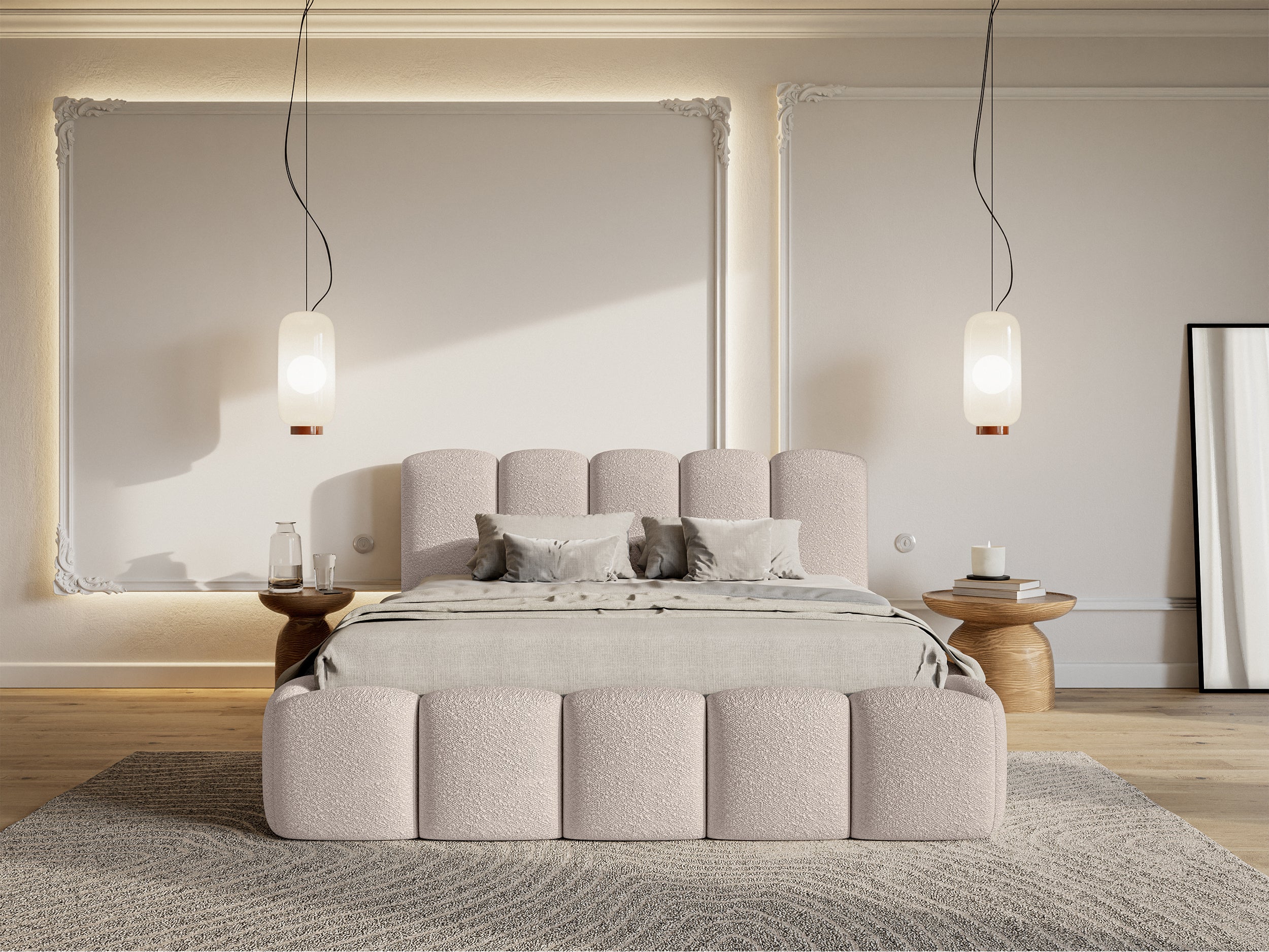 Polsterbett 160x200 cm Cloudy II mit Stauraum, hellbeige Bouclé, Metallrahmen