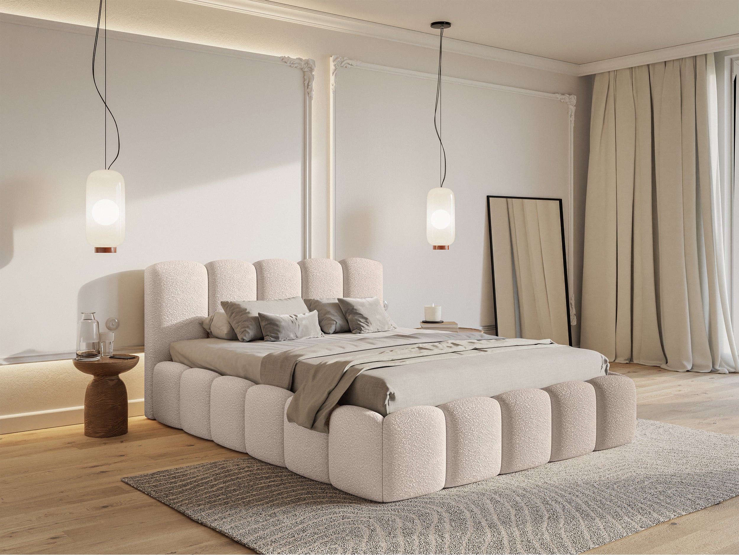 Polsterbett 180x200 cm Cloudy II mit Stauraum, hellbeige Bouclé, Metallrahmen