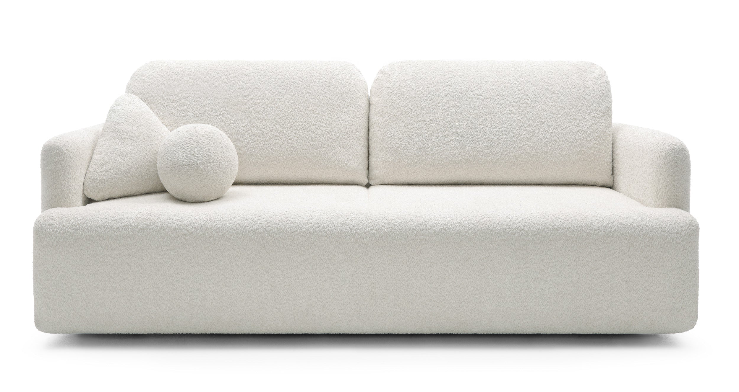 Dreisitziges ausklappbares Sofa Lambina mit Stauraum, cremefarbenes Bouclé