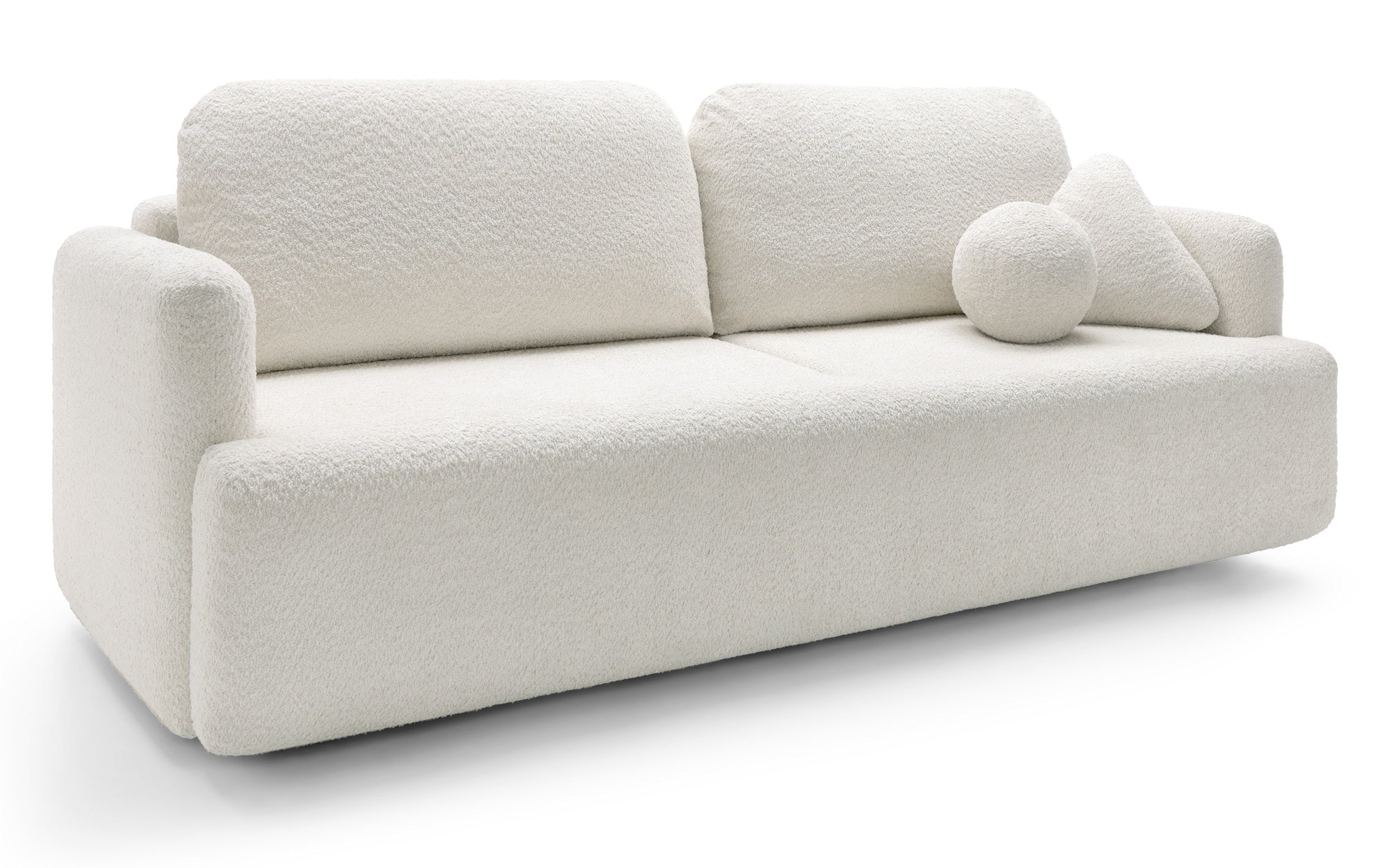 Dreisitziges ausklappbares Sofa Lambina mit Stauraum, cremefarbenes Bouclé