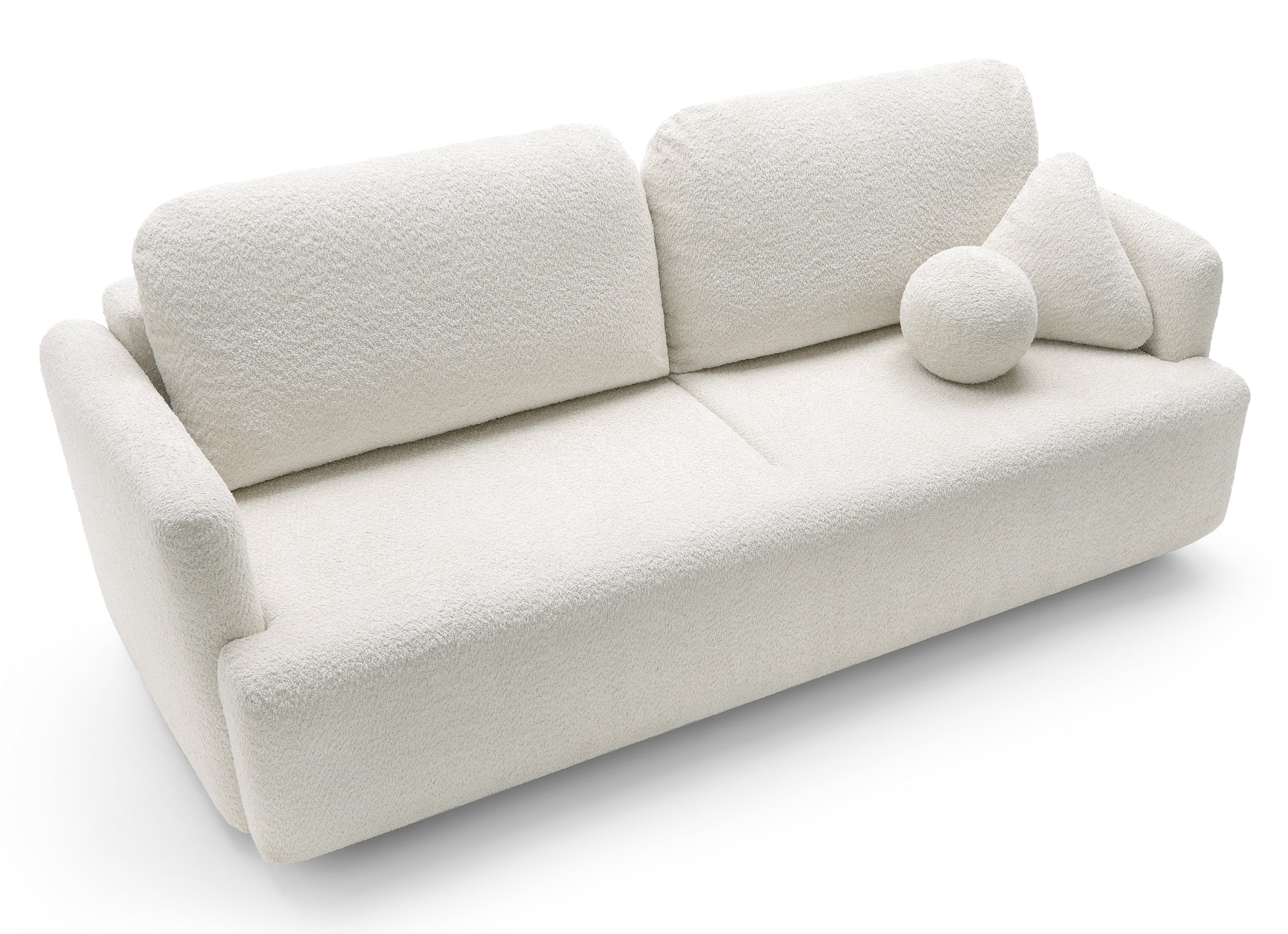 Dreisitziges ausklappbares Sofa Lambina mit Stauraum, cremefarbenes Bouclé