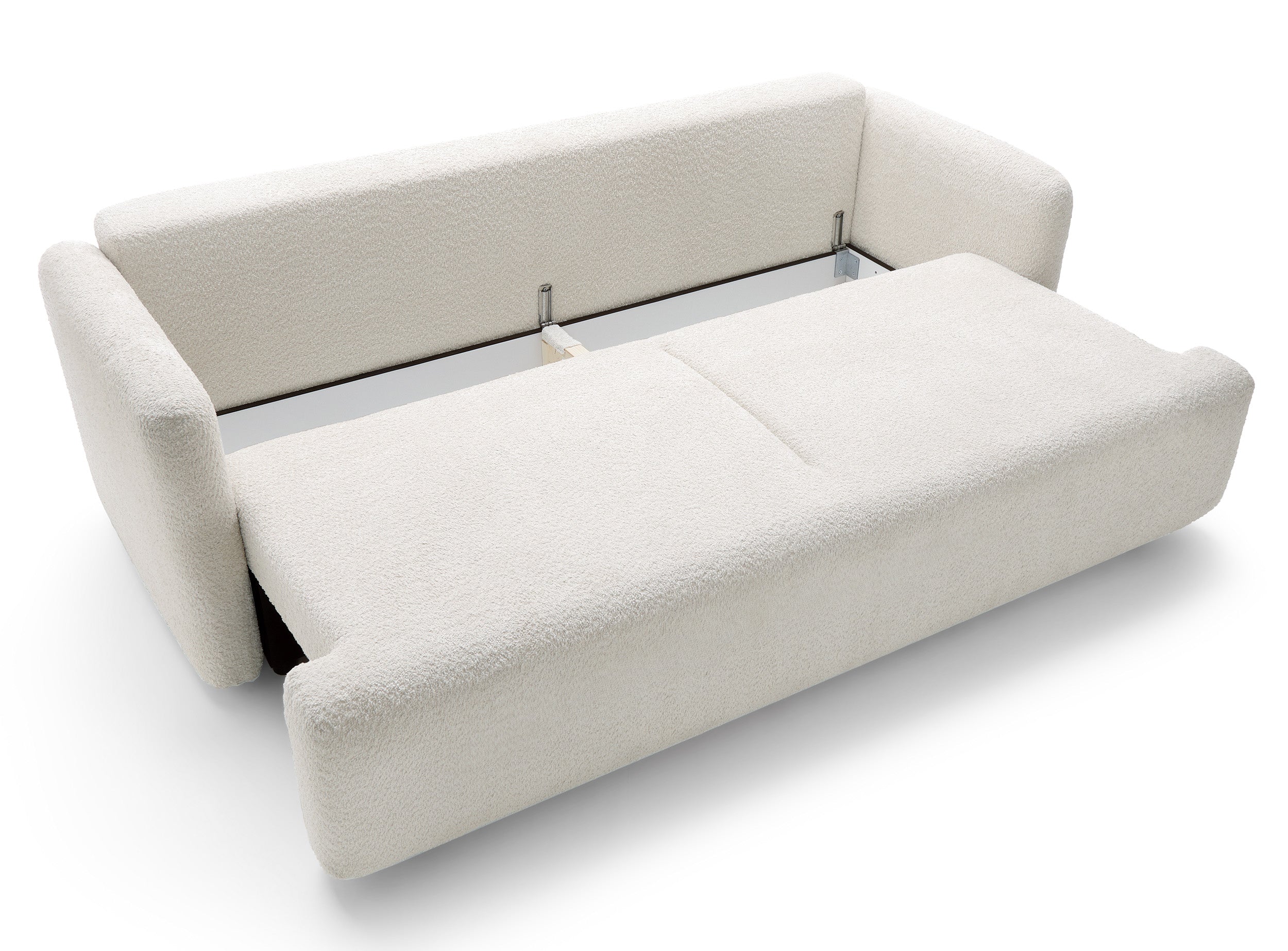 Dreisitziges ausklappbares Sofa Lambina mit Stauraum, cremefarbenes Bouclé