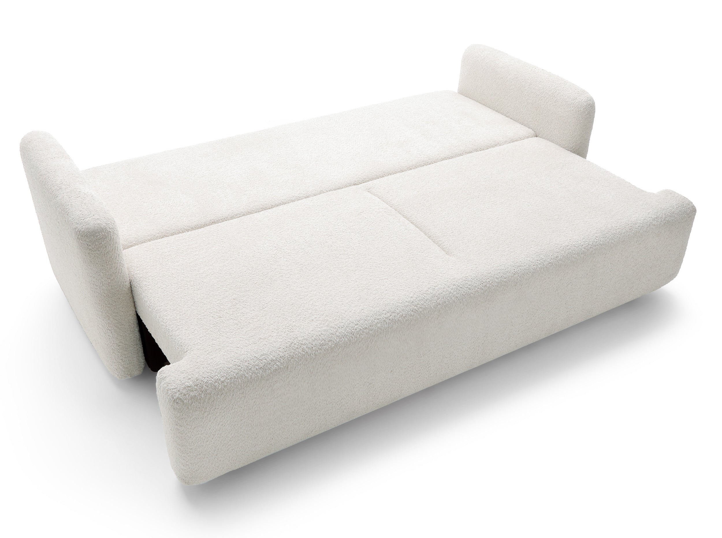 Dreisitziges ausklappbares Sofa Lambina mit Stauraum, cremefarbenes Bouclé