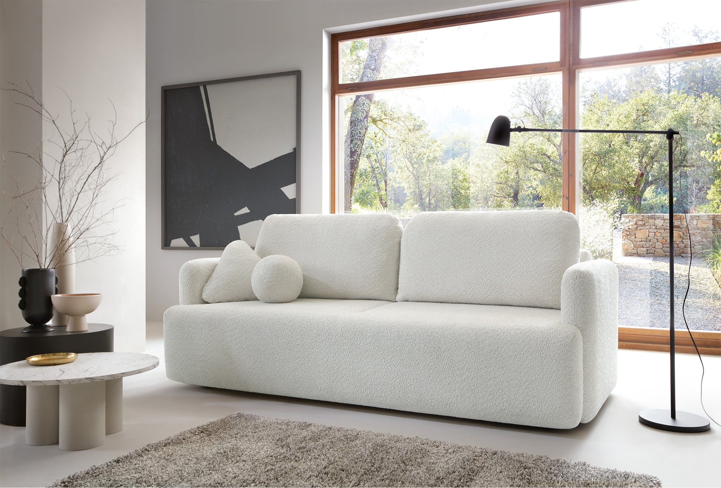 Dreisitziges ausklappbares Sofa Lambina mit Stauraum, cremefarbenes Bouclé