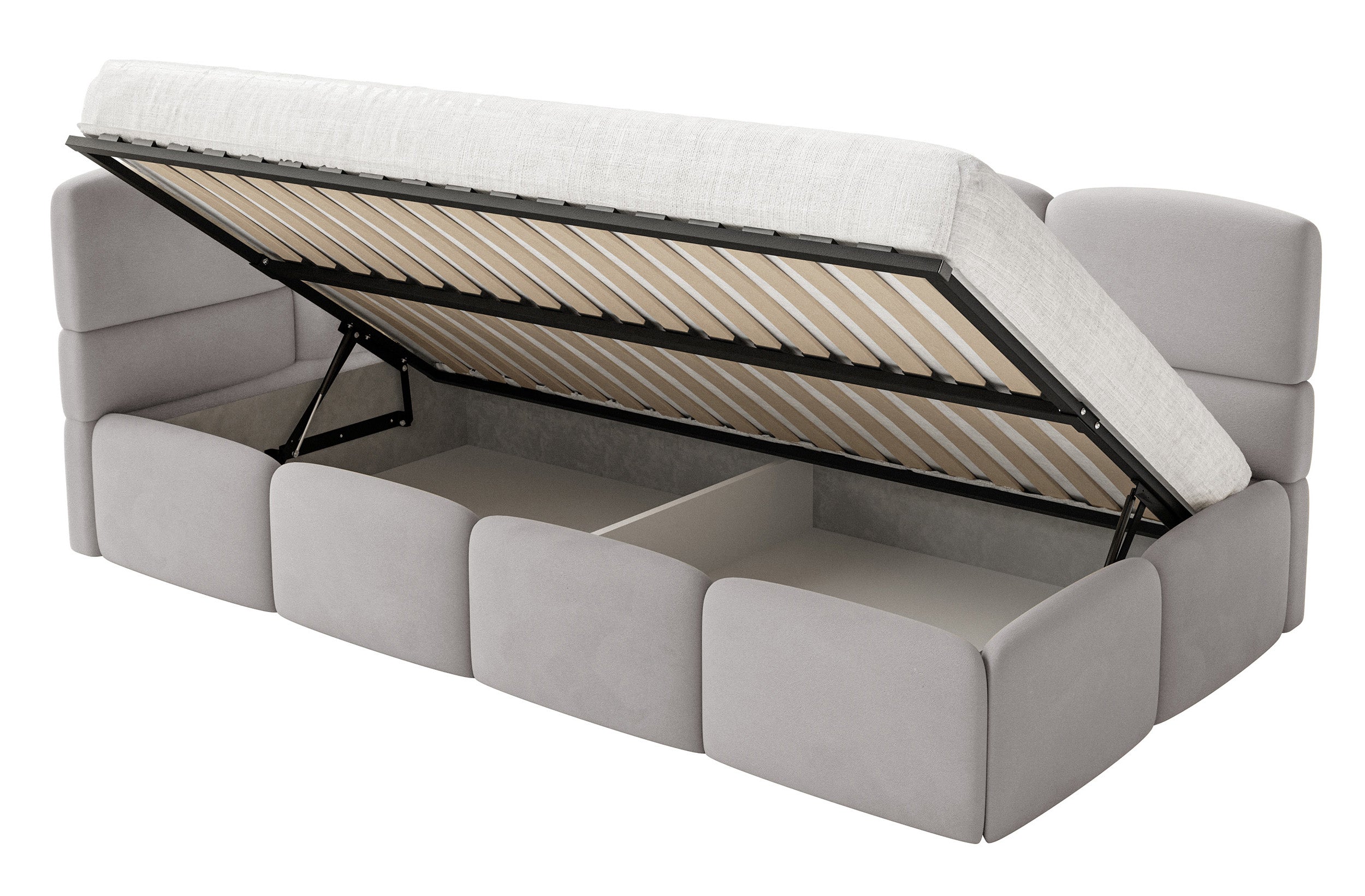 Jugendbett 120x200 cm Cloudy linksseitig mit Matratze, Stauraum und Geländern, hellgrauer Velours, wasserabweisend und pflegeleicht