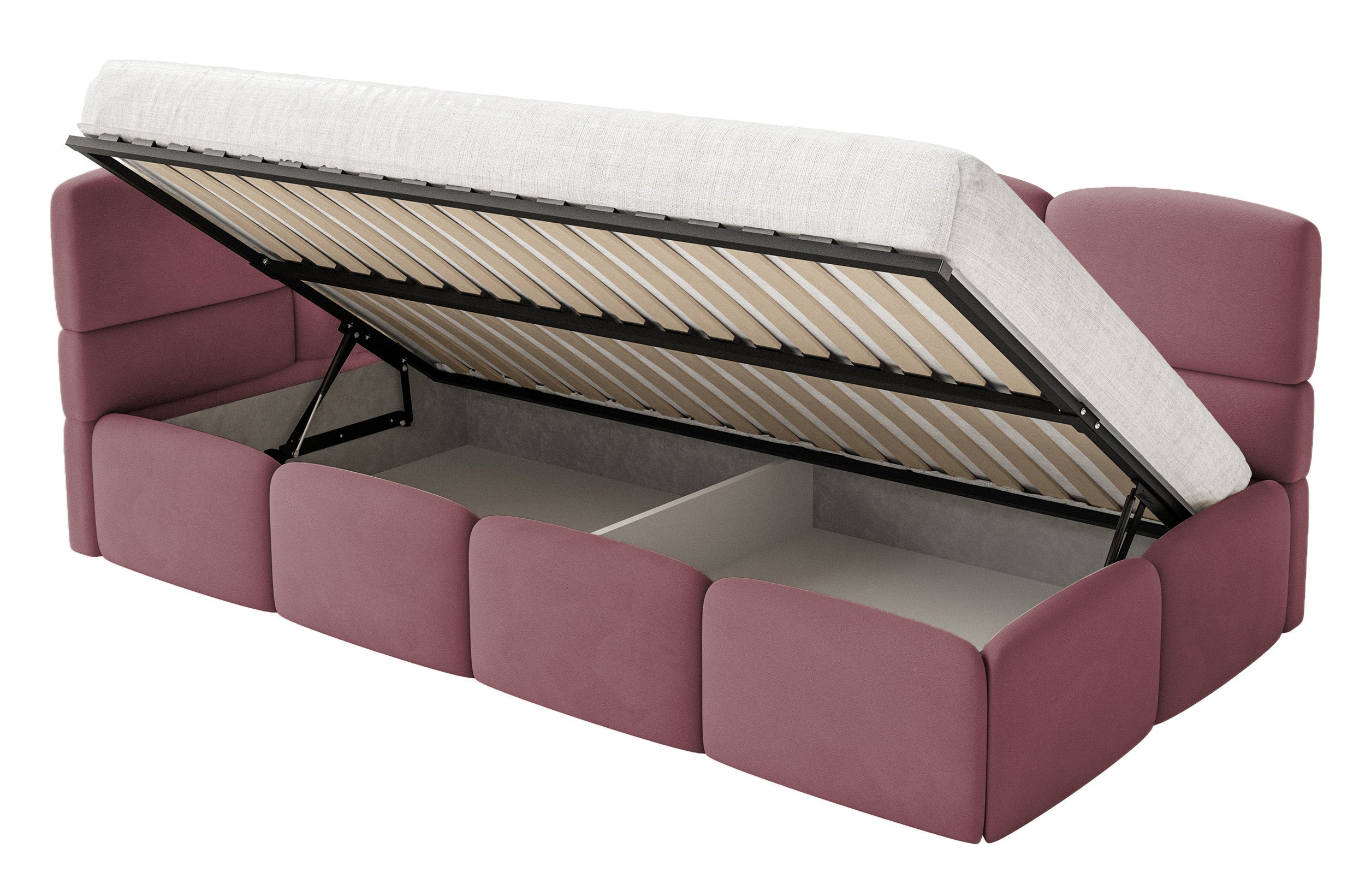 Jugendbett 120x200 cm Cloudy linksseitig mit Matratze, Stauraum und Geländern, rosa Velours, wasserabweisend und leicht zu reinigen