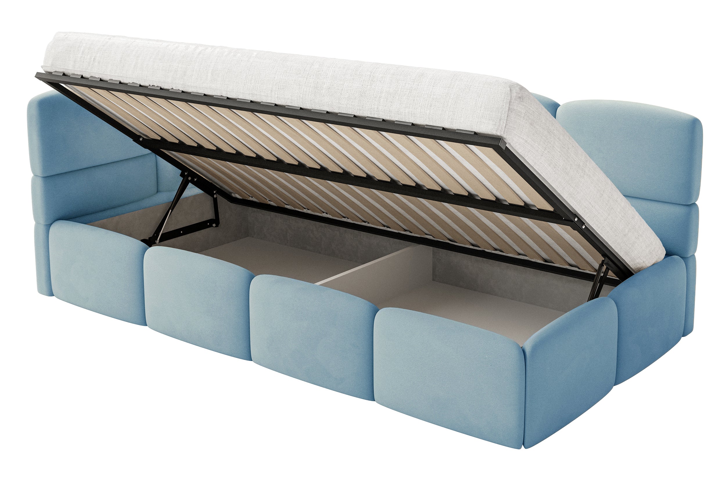 Jugendbett 120x200 cm Cloudy linksseitig mit Stauraum und blauen Samt-Hydrorepellent-Schutzgittern, leicht zu reinigen