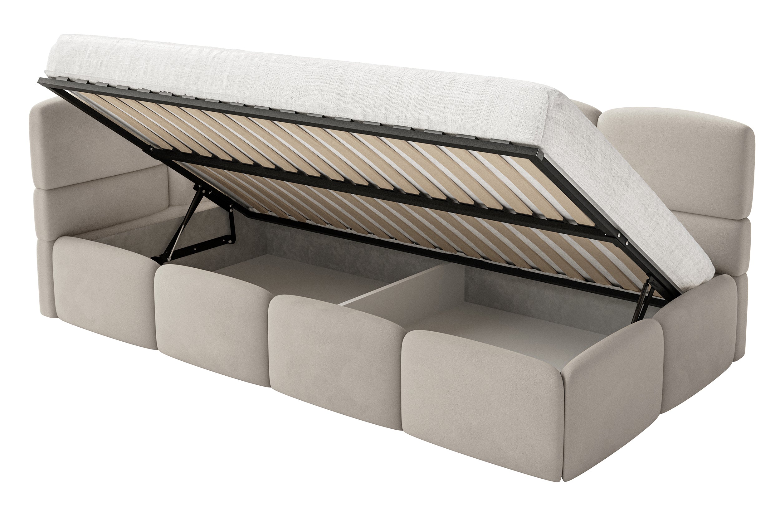 Jugendbett 120x200 cm Cloudy linksseitig mit Stauraum, hellbeiger Velours, wasserabweisend und pflegeleicht