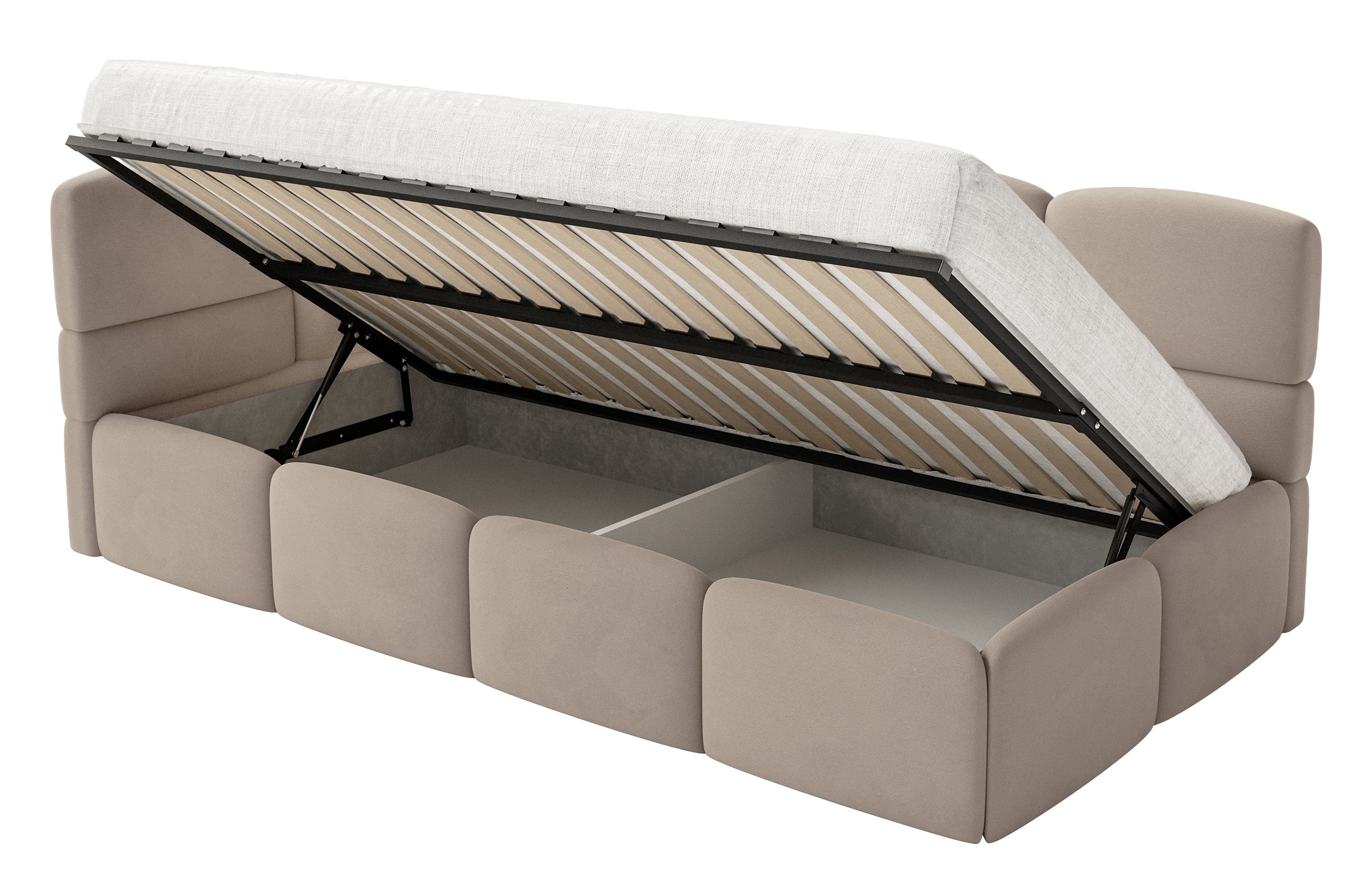 Jugendbett 120x200 cm Cloudy linksseitig mit Matratze, Stauraum und Geländern, beige Velours, wasserabweisend und leicht zu reinigen