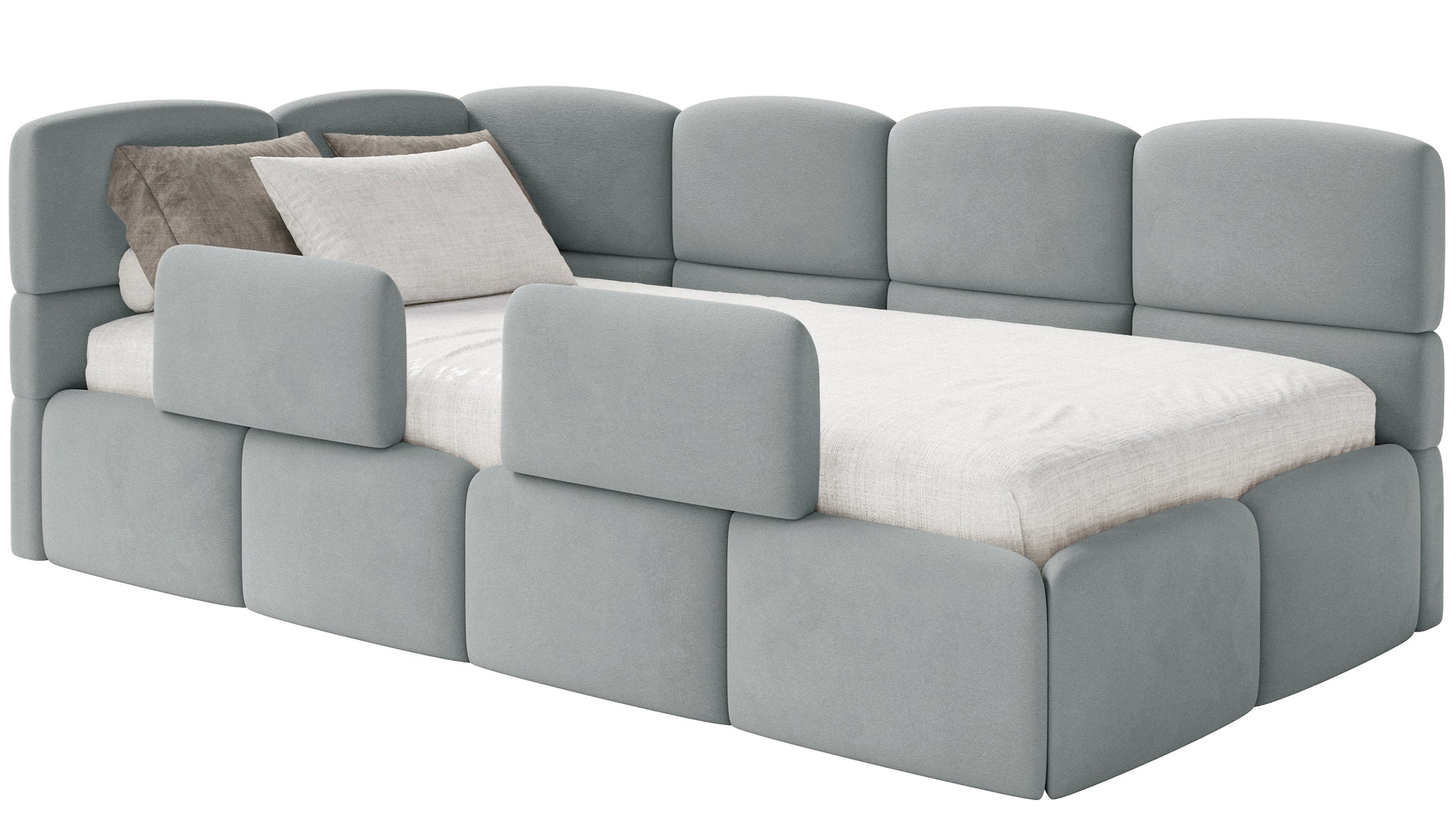 Jugendbett 120x200 cm Cloudy linksseitig mit Matratze, Stauraum und Geländern, grauer Velours, wasserabweisend und leicht zu reinigen