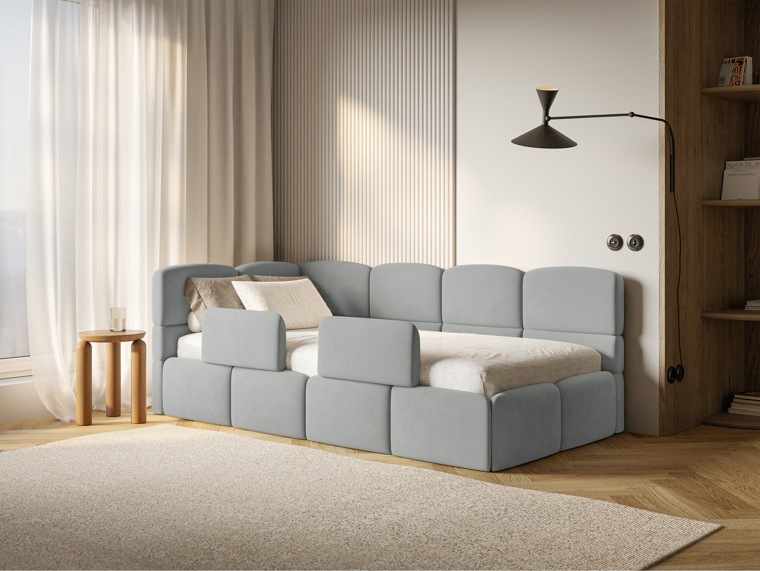 Jugendbett 120x200 cm Cloudy linksseitig mit Matratze, Stauraum und Geländern, grauer Velours, wasserabweisend und leicht zu reinigen