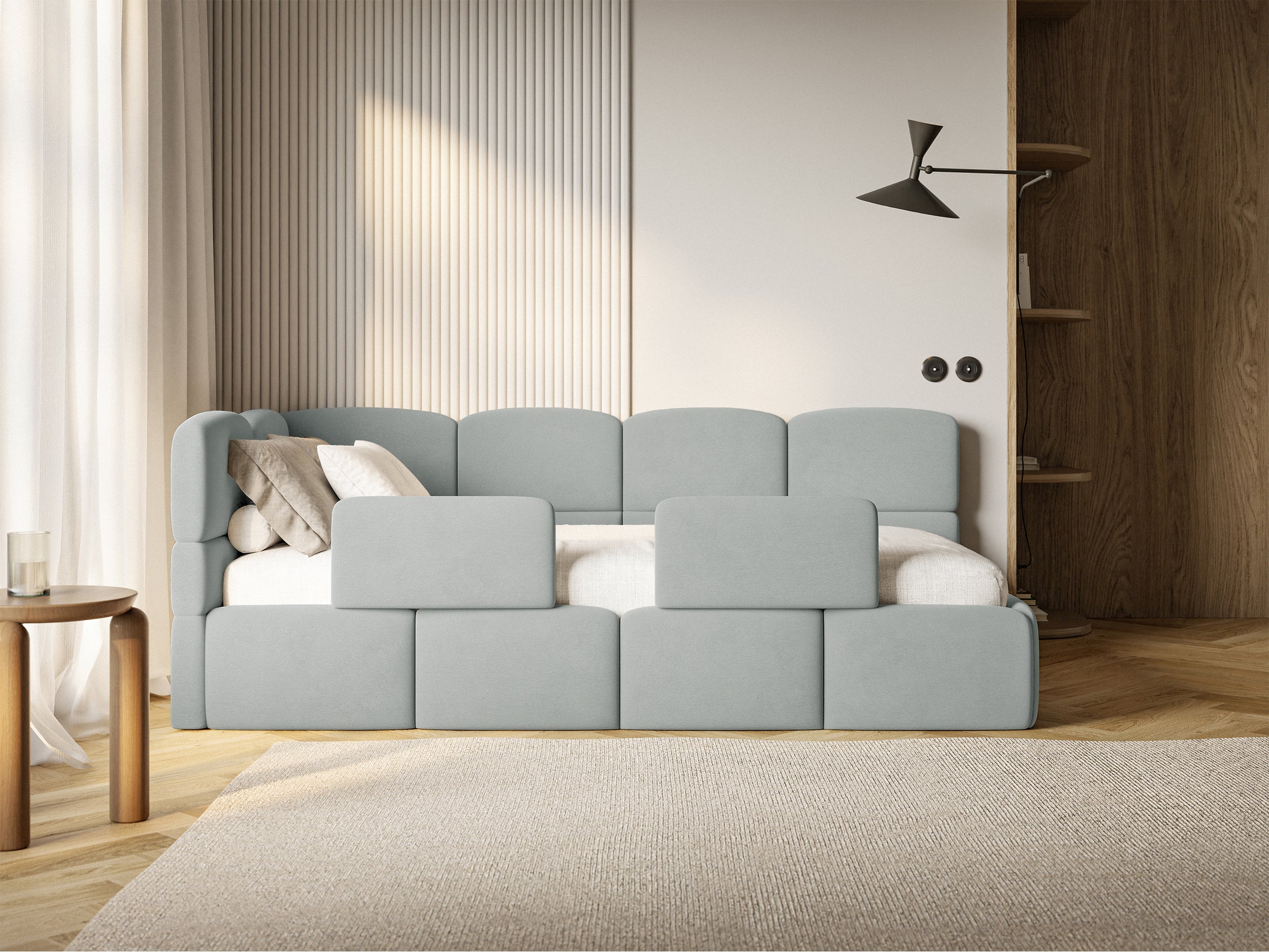 Jugendbett 120x200 cm Cloudy linksseitig mit Matratze, Stauraum und Geländern, grauer Velours, wasserabweisend und leicht zu reinigen