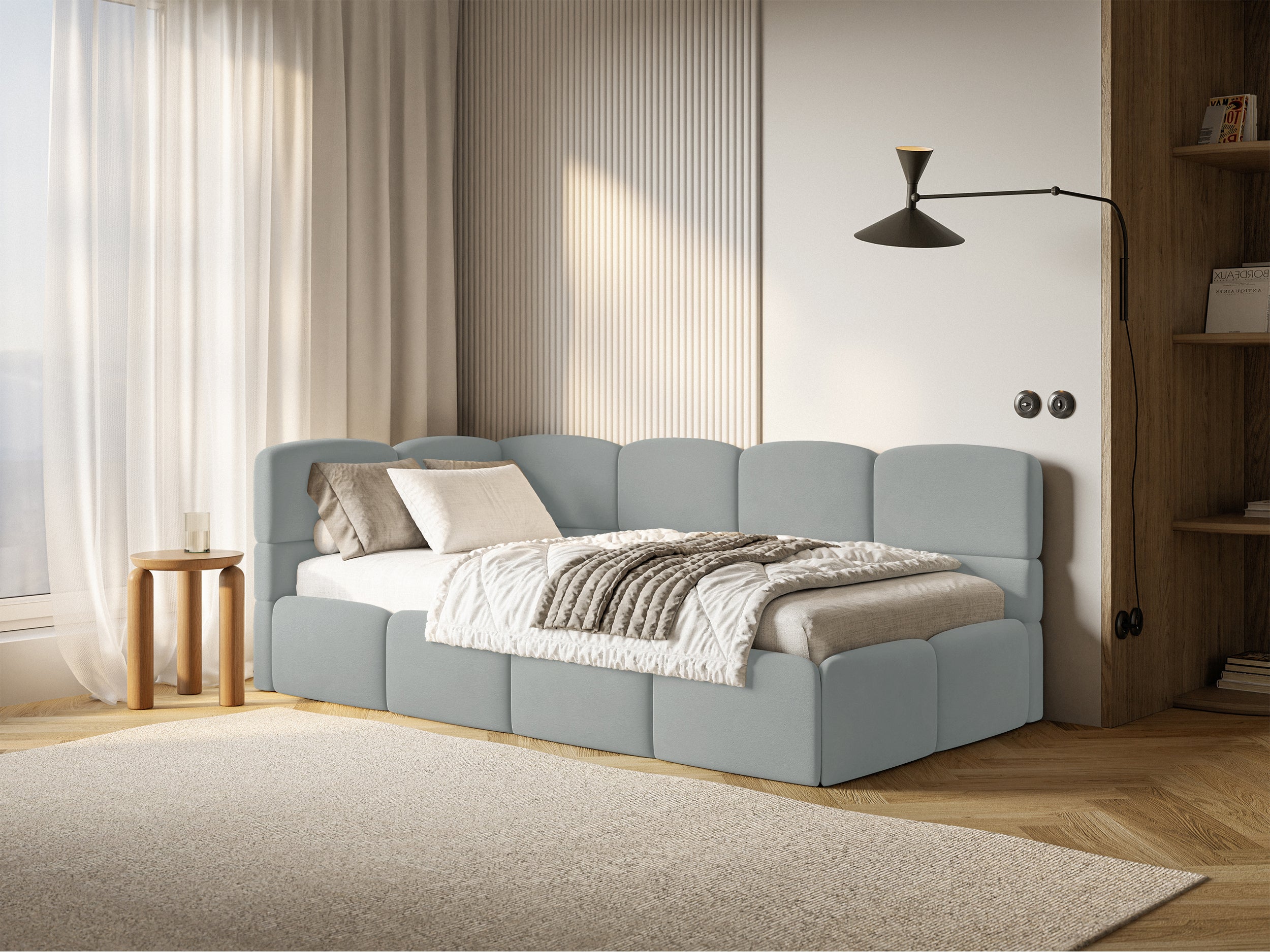 Jugendbett 120x200 cm Cloudy linksseitig mit Stauraum, grauer Velours, wasserabweisend und leicht zu reinigen