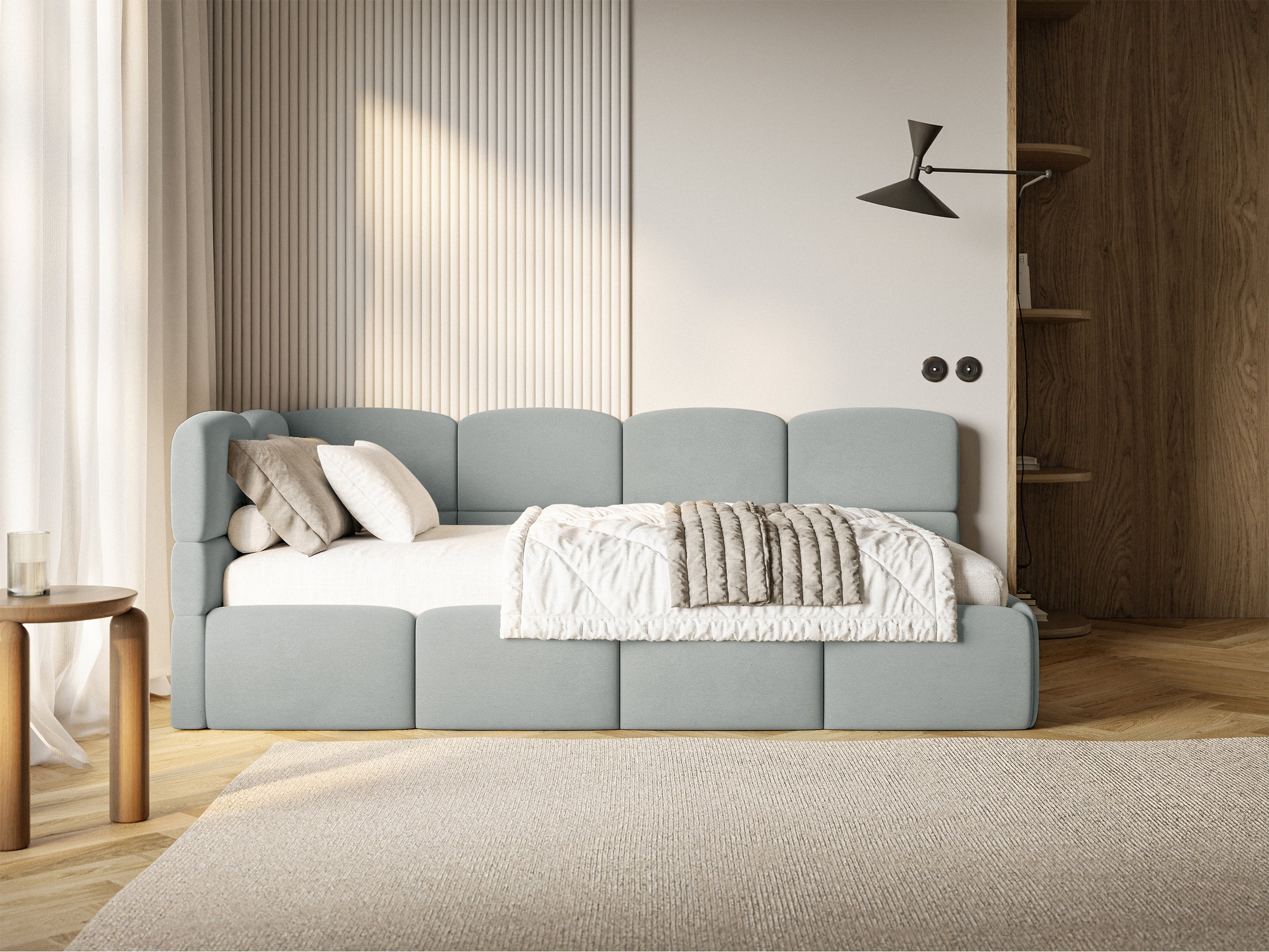 Jugendbett 120x200 cm Cloudy linksseitig mit Stauraum, grauer Velours, wasserabweisend und leicht zu reinigen