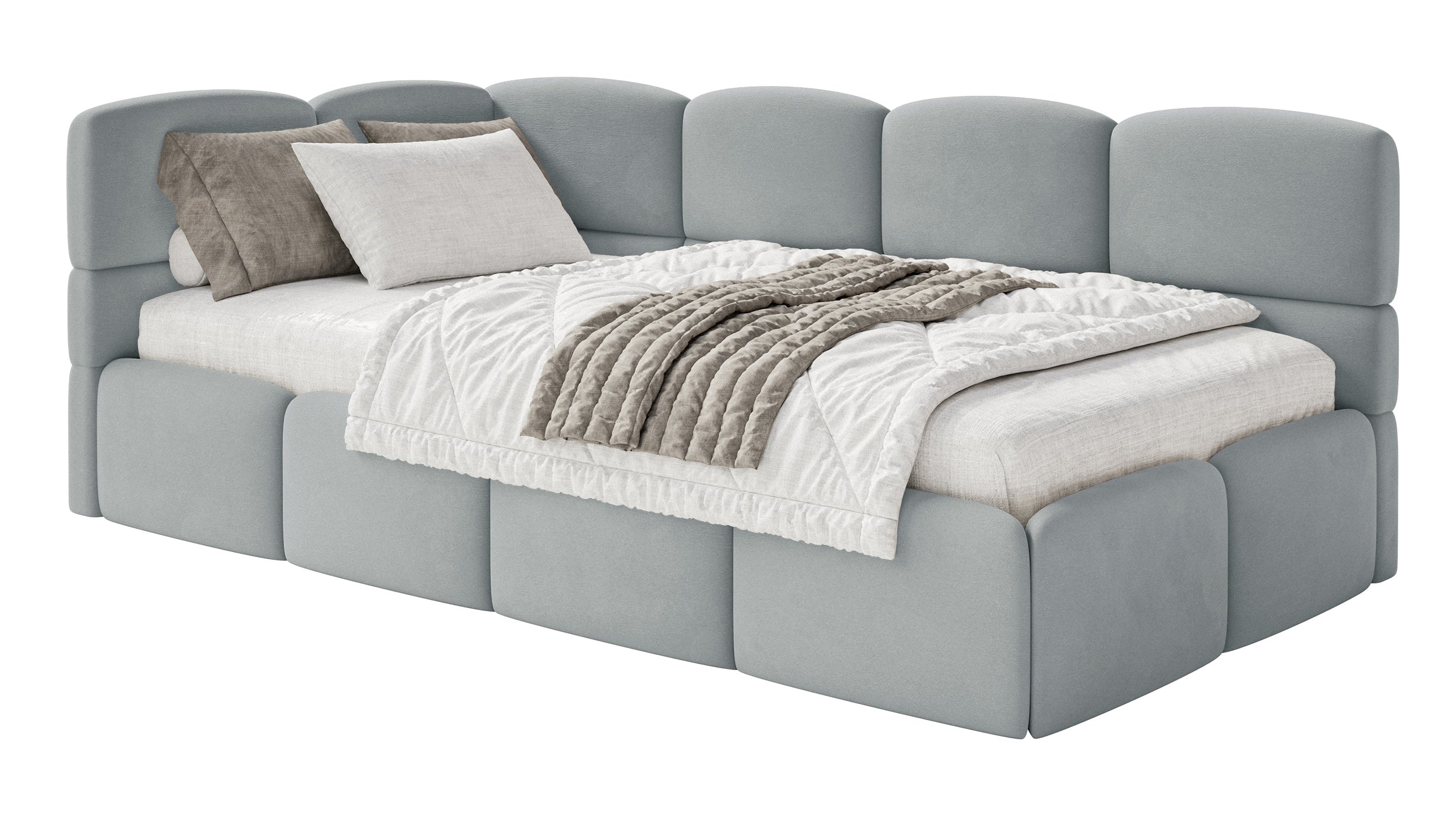 Jugendbett 120x200 cm Cloudy linksseitig mit Stauraum, grauer Velours, wasserabweisend und leicht zu reinigen