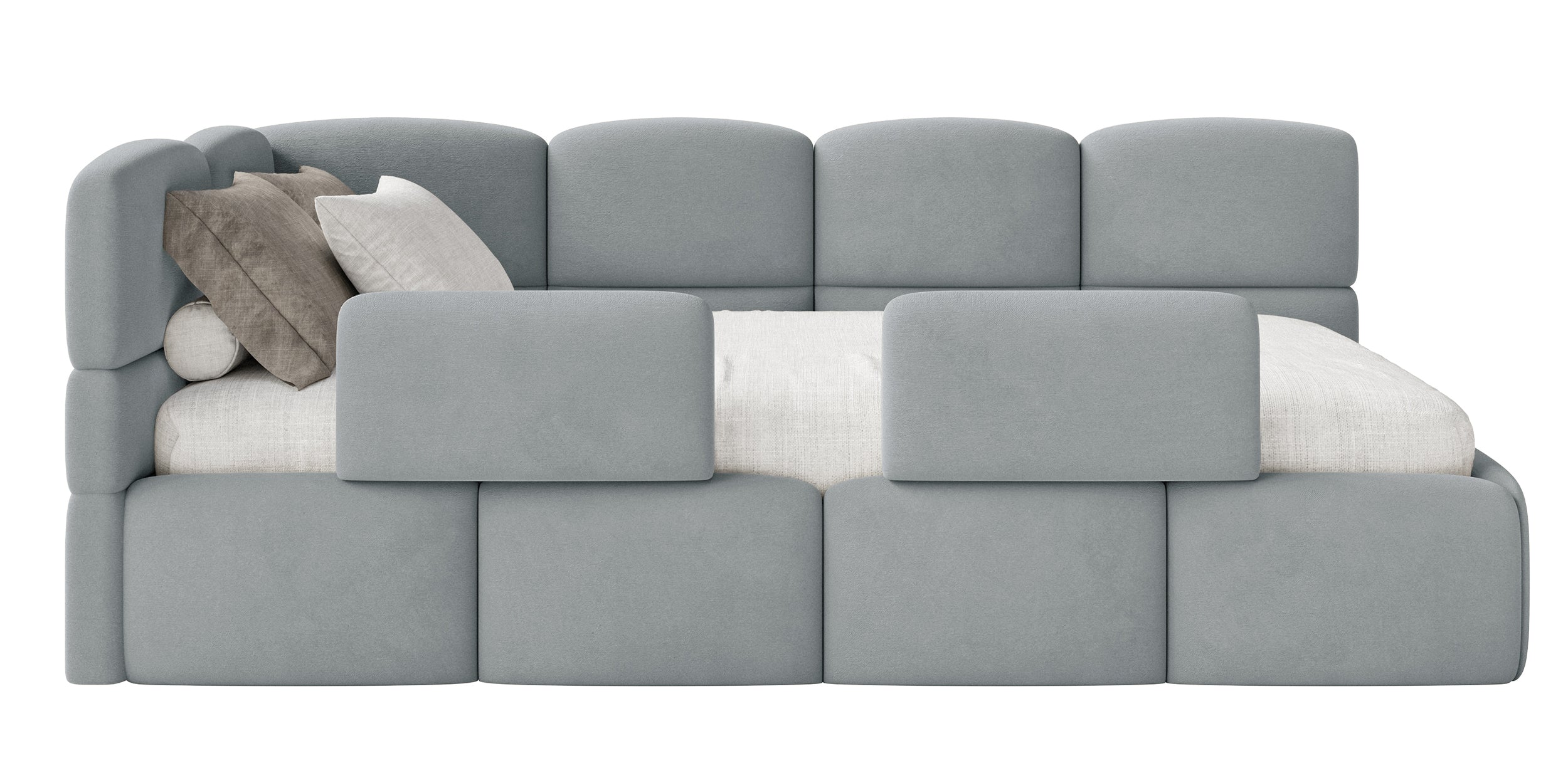 Jugendbett 120x200 cm Cloudy linksseitig mit Matratze, Stauraum und Geländern, grauer Velours, wasserabweisend und leicht zu reinigen