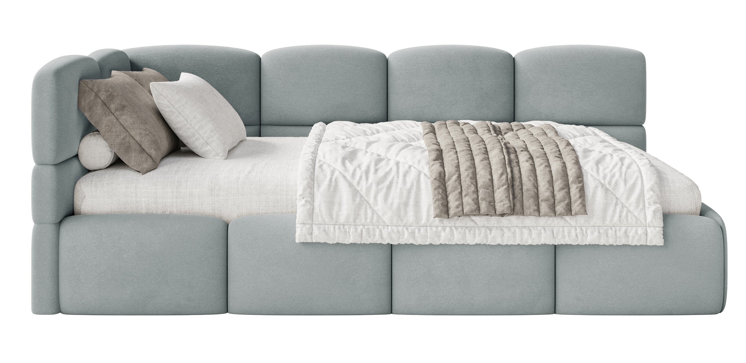 Jugendbett 120x200 cm Cloudy linksseitig mit Stauraum, grauer Velours, wasserabweisend und leicht zu reinigen