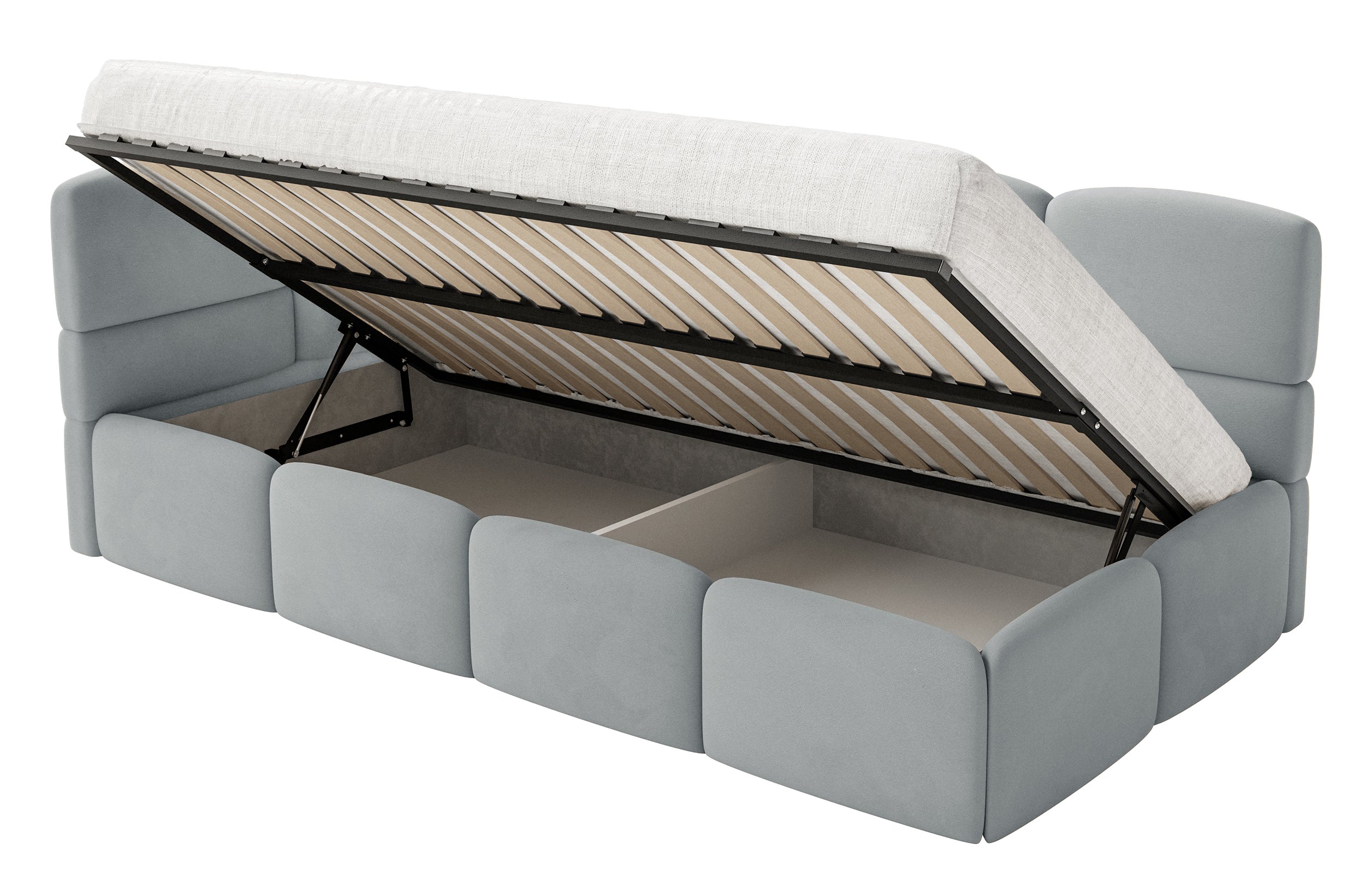 Jugendbett 120x200 cm Cloudy linksseitig mit Stauraum, grauer Velours, wasserabweisend und leicht zu reinigen