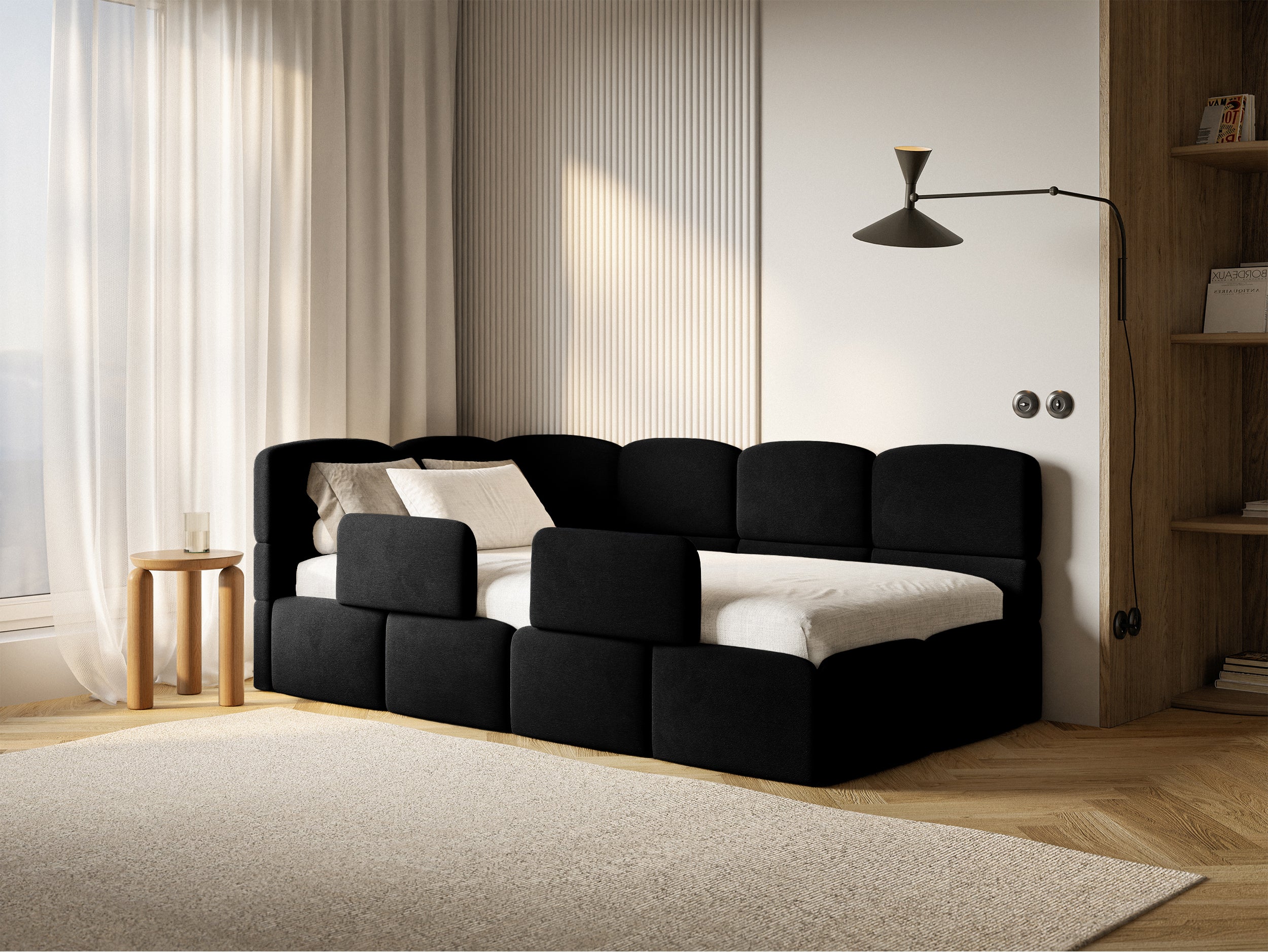 Jugendbett 120x200 cm Cloudy linksseitig mit Matratze, Stauraum und Geländern, schwarzer Velours, wasserabweisend und leicht zu reinigen