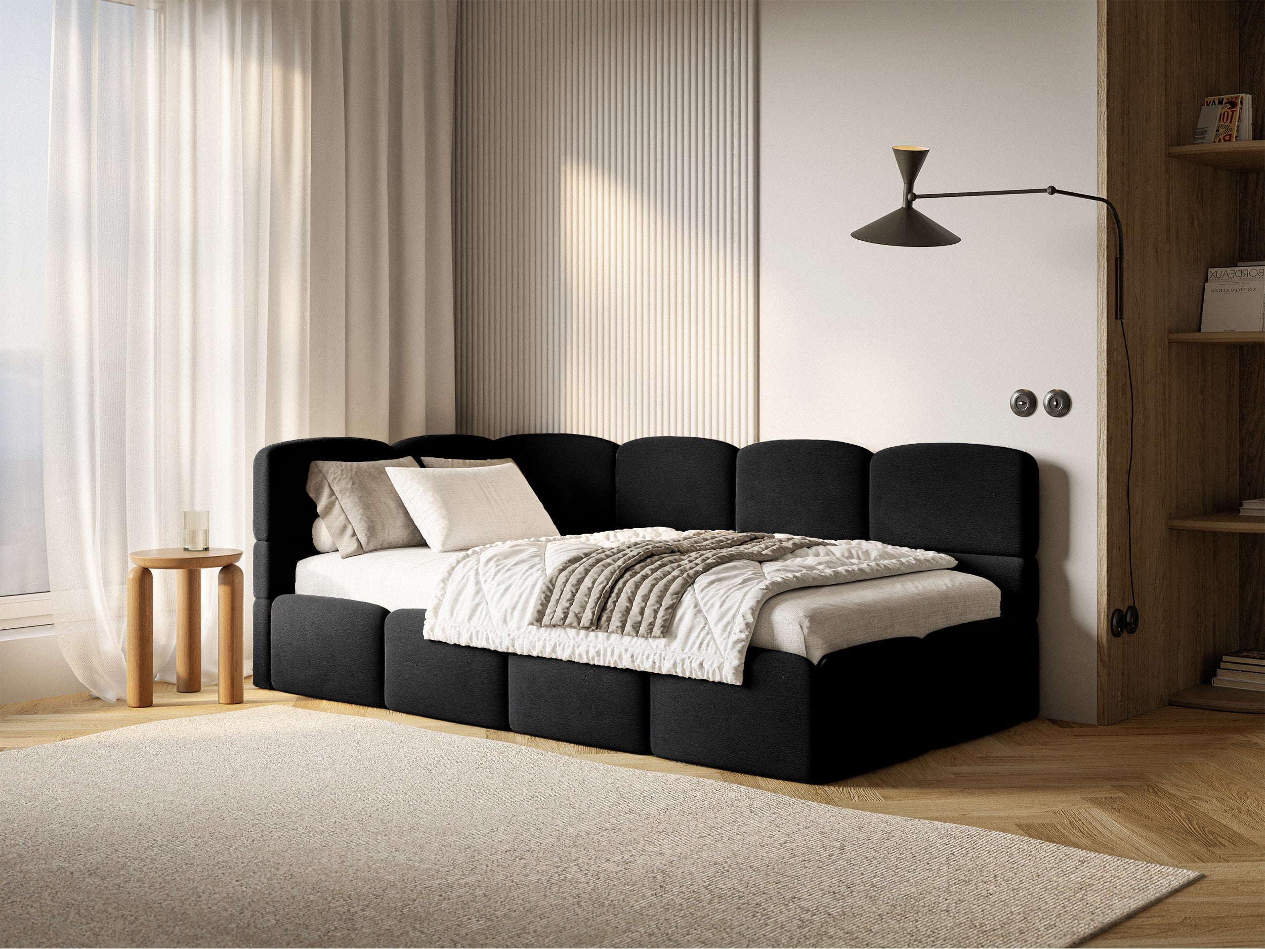 Jugendbett 120x200 cm Cloudy, linksseitig mit Stauraum, schwarzer Velours, wasserabweisend und leicht zu reinigen