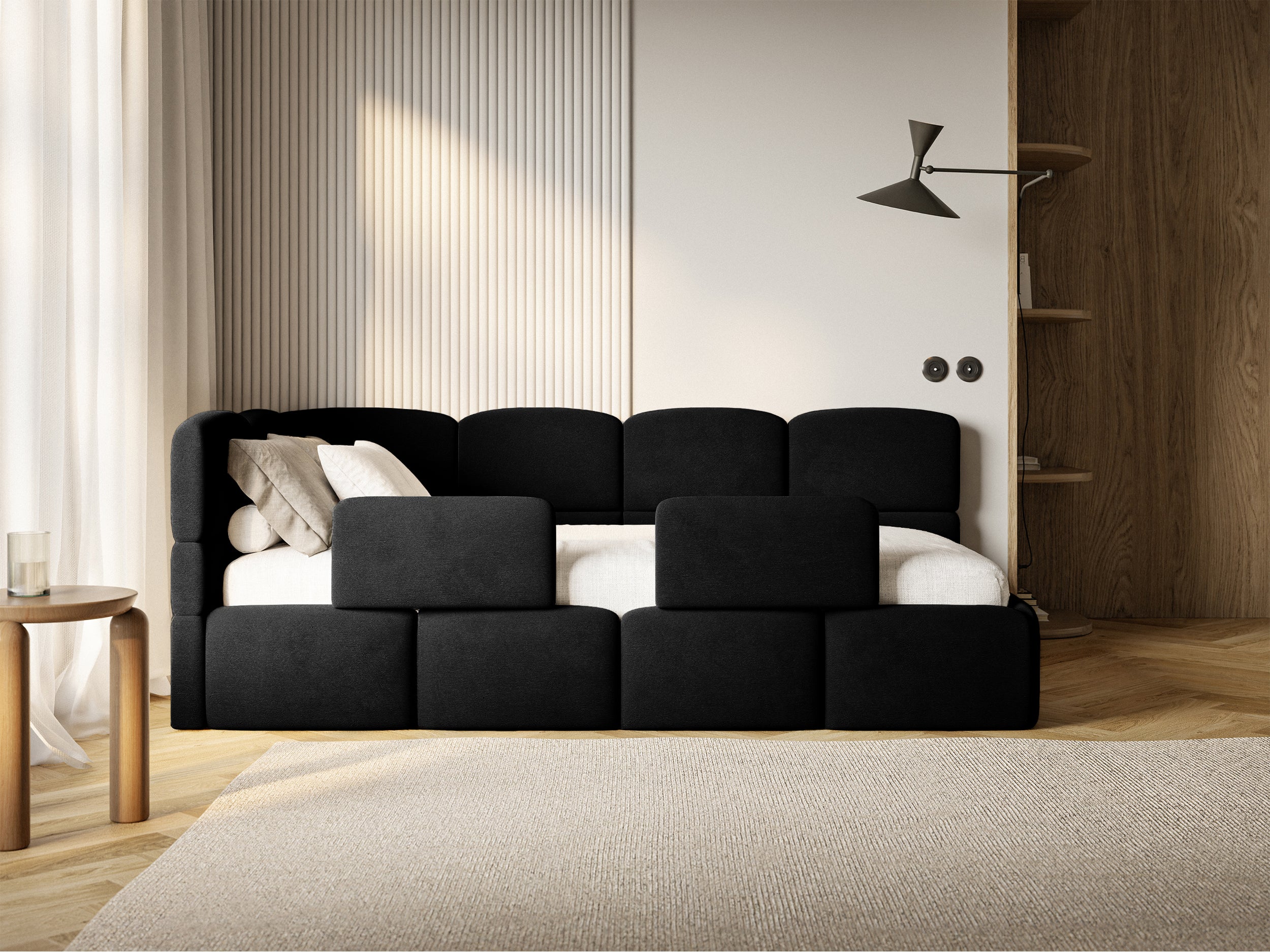 Jugendbett 120x200 cm Cloudy linksseitig mit Matratze, Stauraum und Geländern, schwarzer Velours, wasserabweisend und leicht zu reinigen