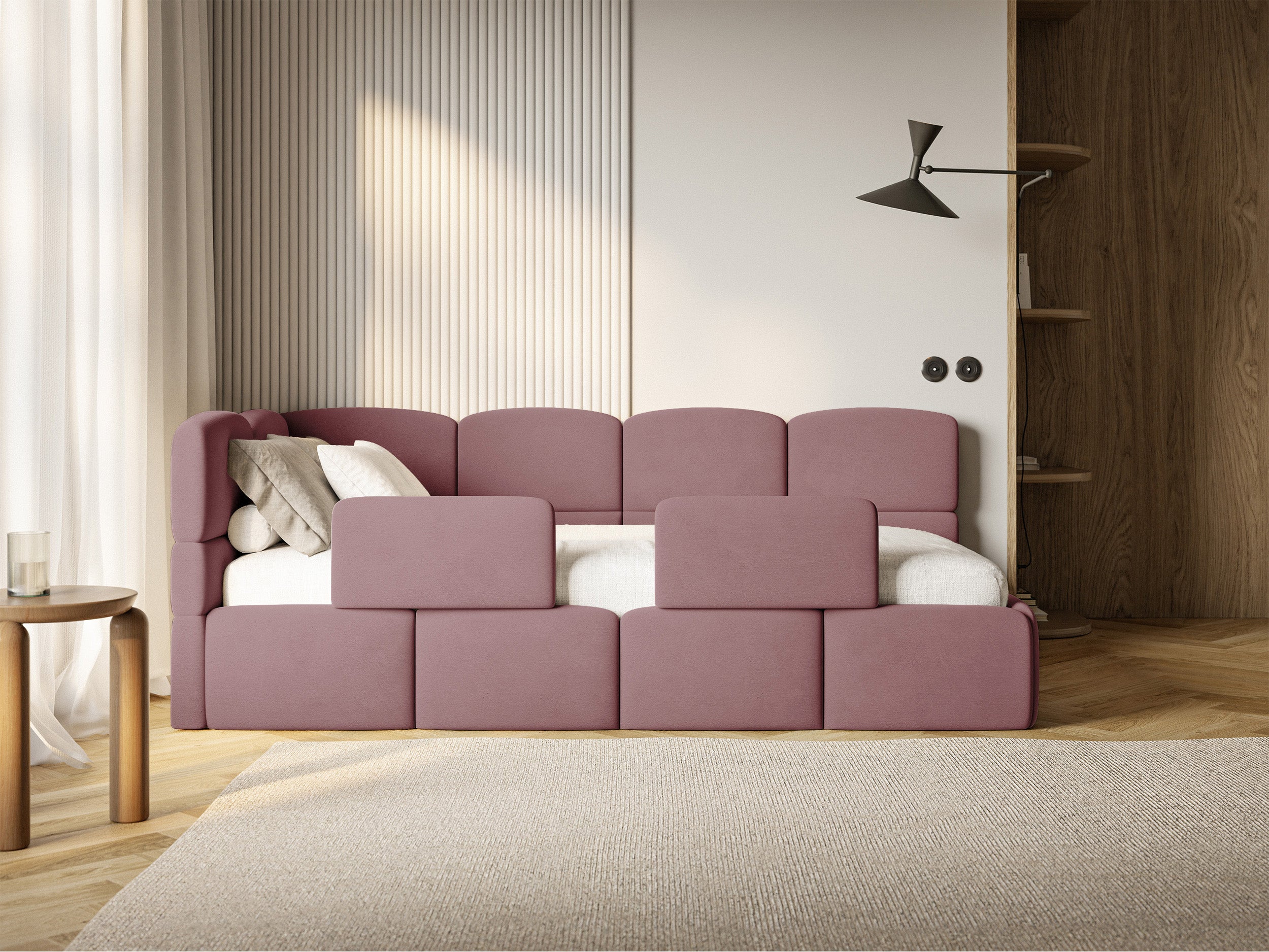 Jugendbett 120x200 cm Cloudy linksseitig mit Matratze, Stauraum und Geländern, rosa Velours, wasserabweisend und leicht zu reinigen