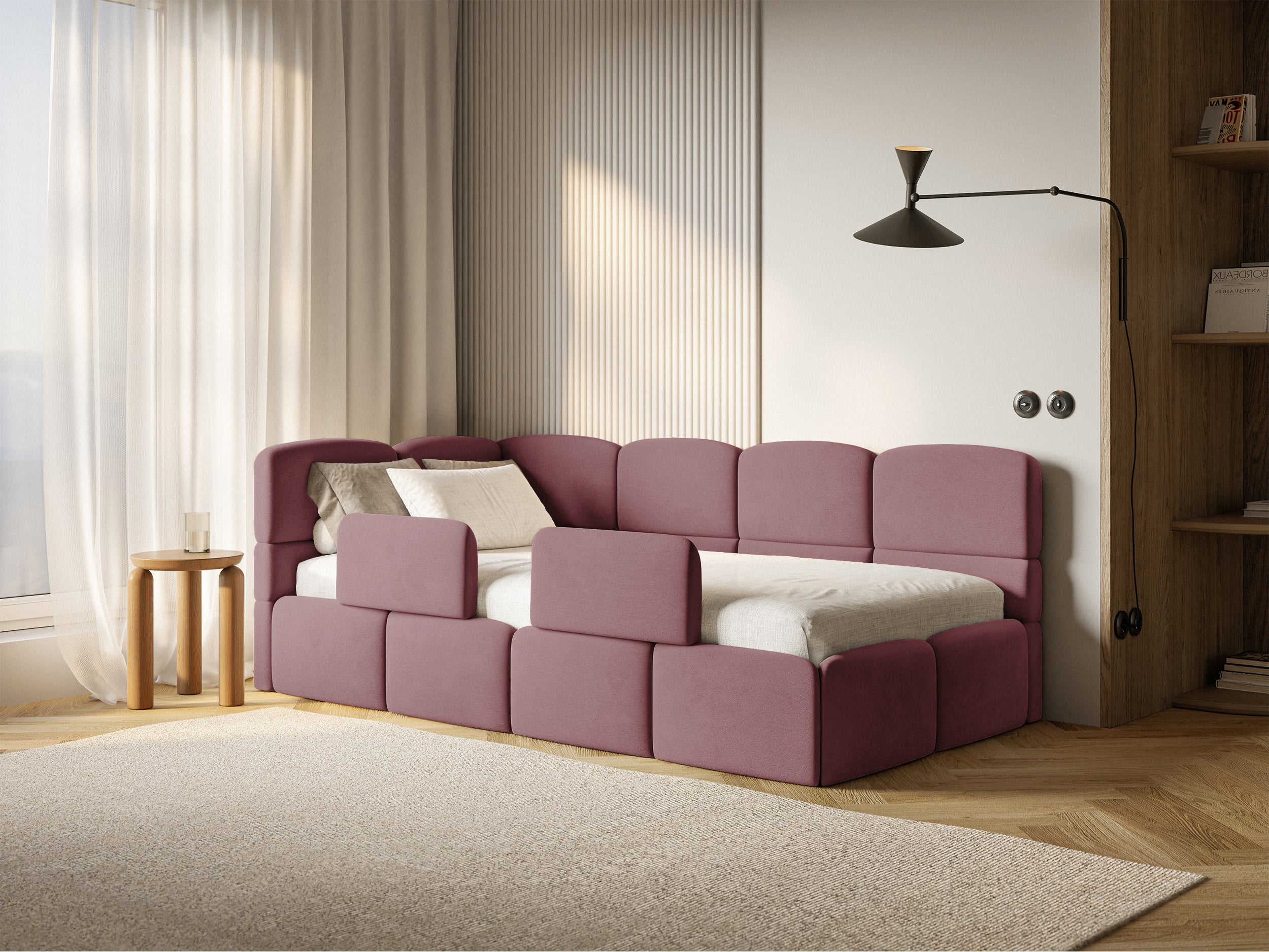 Jugendbett 120x200 cm Cloudy linksseitig mit Stauraum und Geländern, rosa Velours, wasserabweisend und leicht zu reinigen