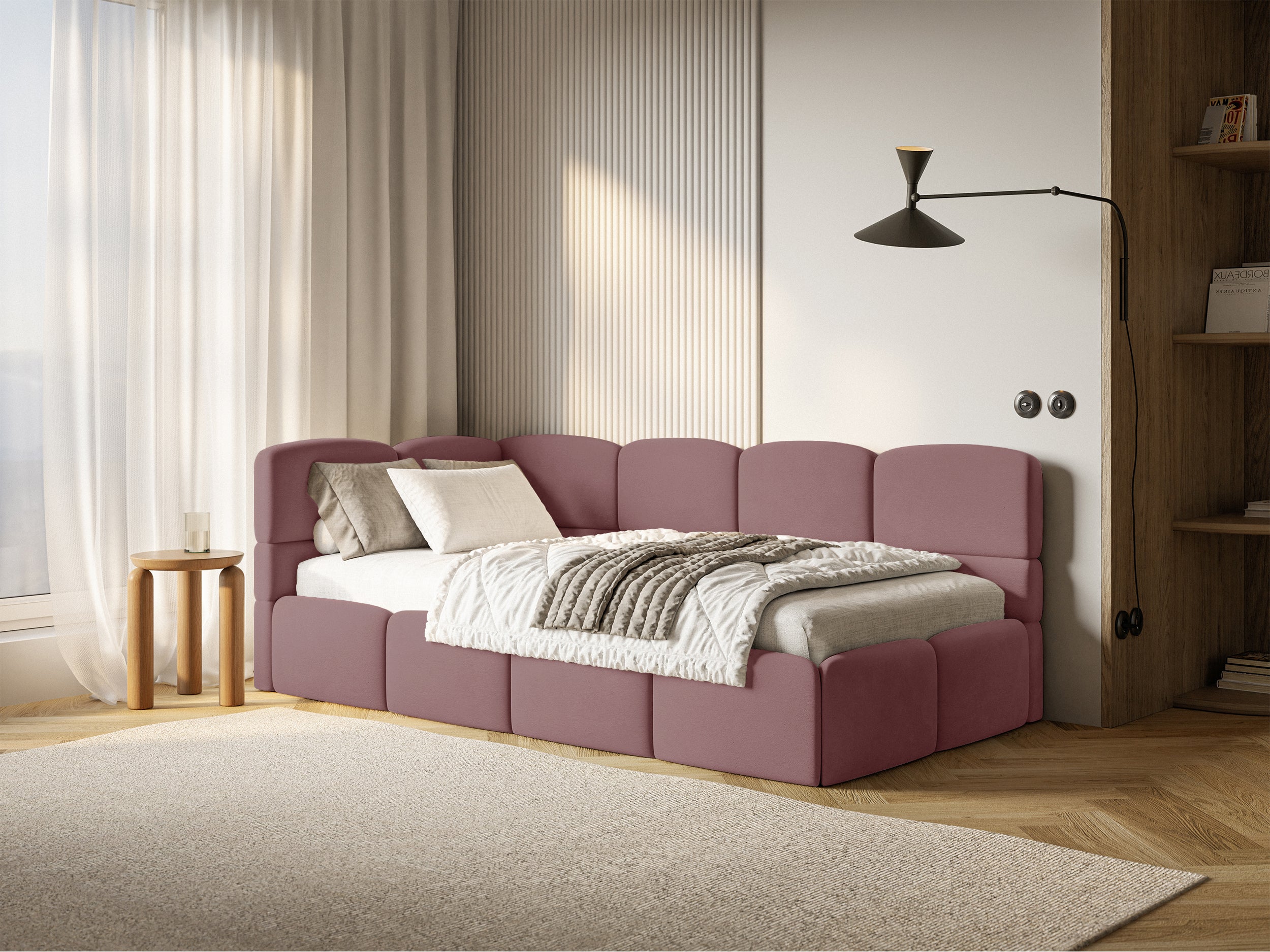 Jugendbett 120x200 cm Cloudy linksseitig mit Stauraum, rosa Velours, wasserabweisend und leicht zu reinigen