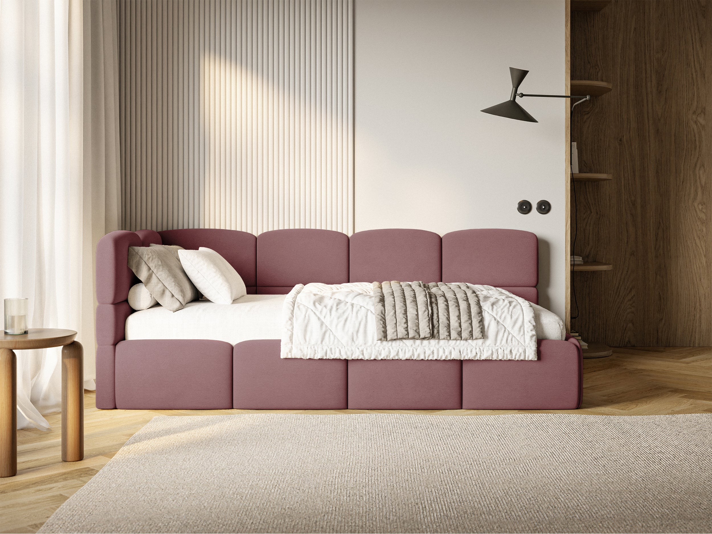 Jugendbett 120x200 cm Cloudy linksseitig mit Stauraum, rosa Velours, wasserabweisend und leicht zu reinigen