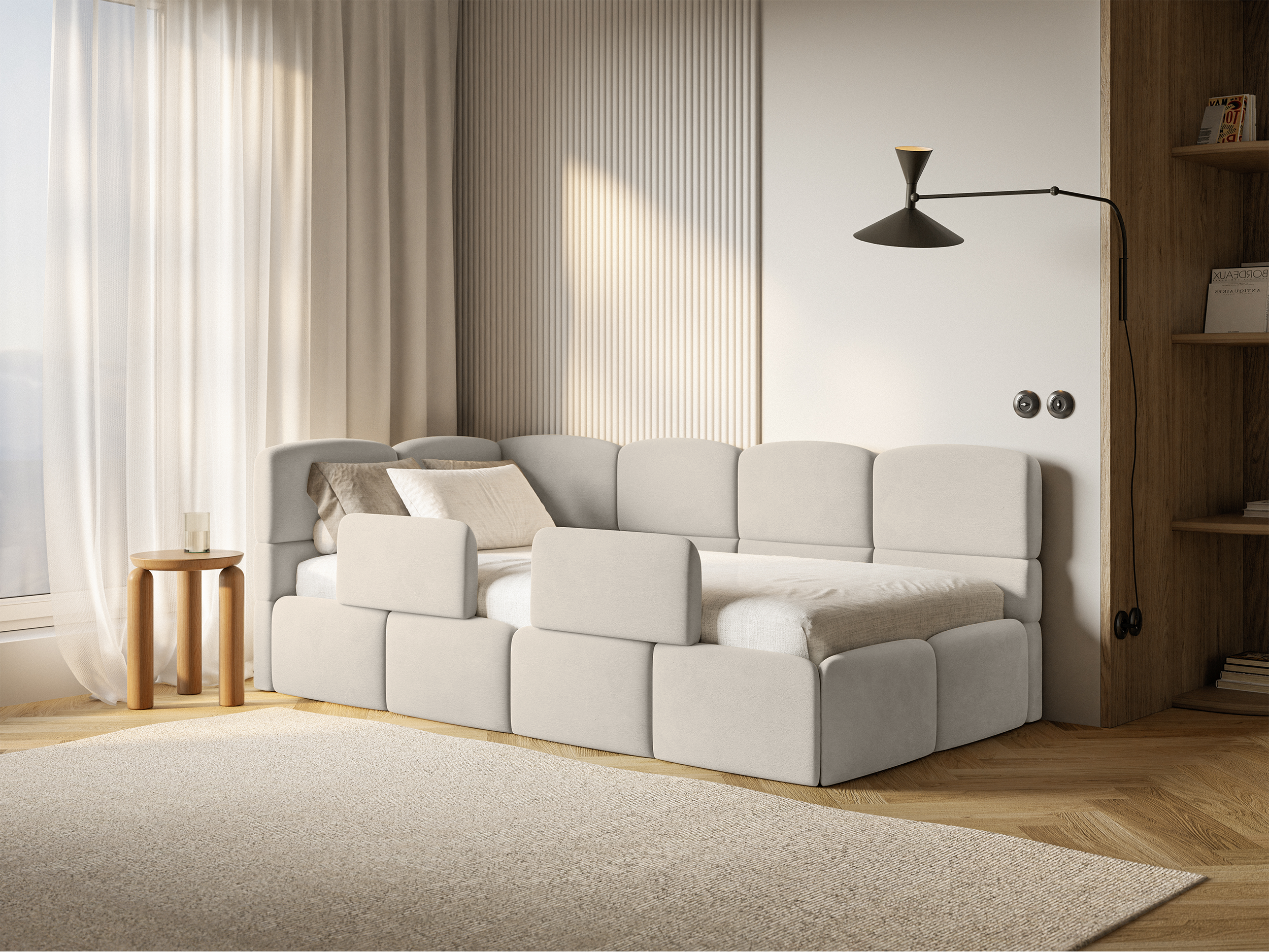 Jugendbett 120x200 cm Cloudy linksseitig mit Matratze, Stauraum und Geländern, hellbeiger Velours, wasserabweisend und leicht zu reinigen