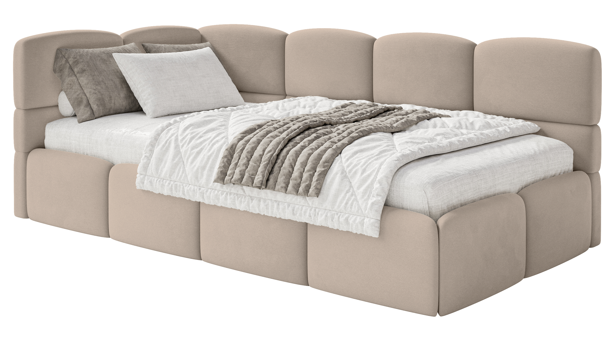 Jugendbett 120x200 cm Cloudy linksseitig mit Matratze, Stauraum und Geländern, beige Velours, wasserabweisend und leicht zu reinigen