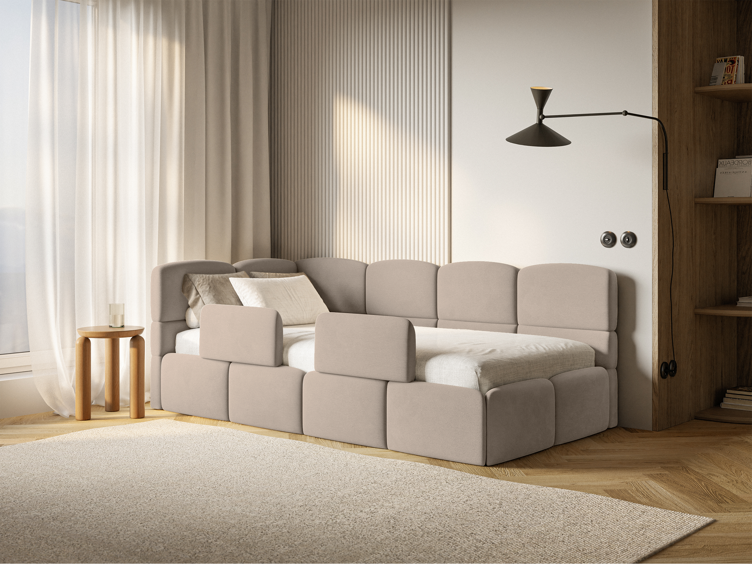 Jugendbett 120x200 cm Cloudy linksseitig mit Matratze, Stauraum und Geländern, beige Velours, wasserabweisend und leicht zu reinigen