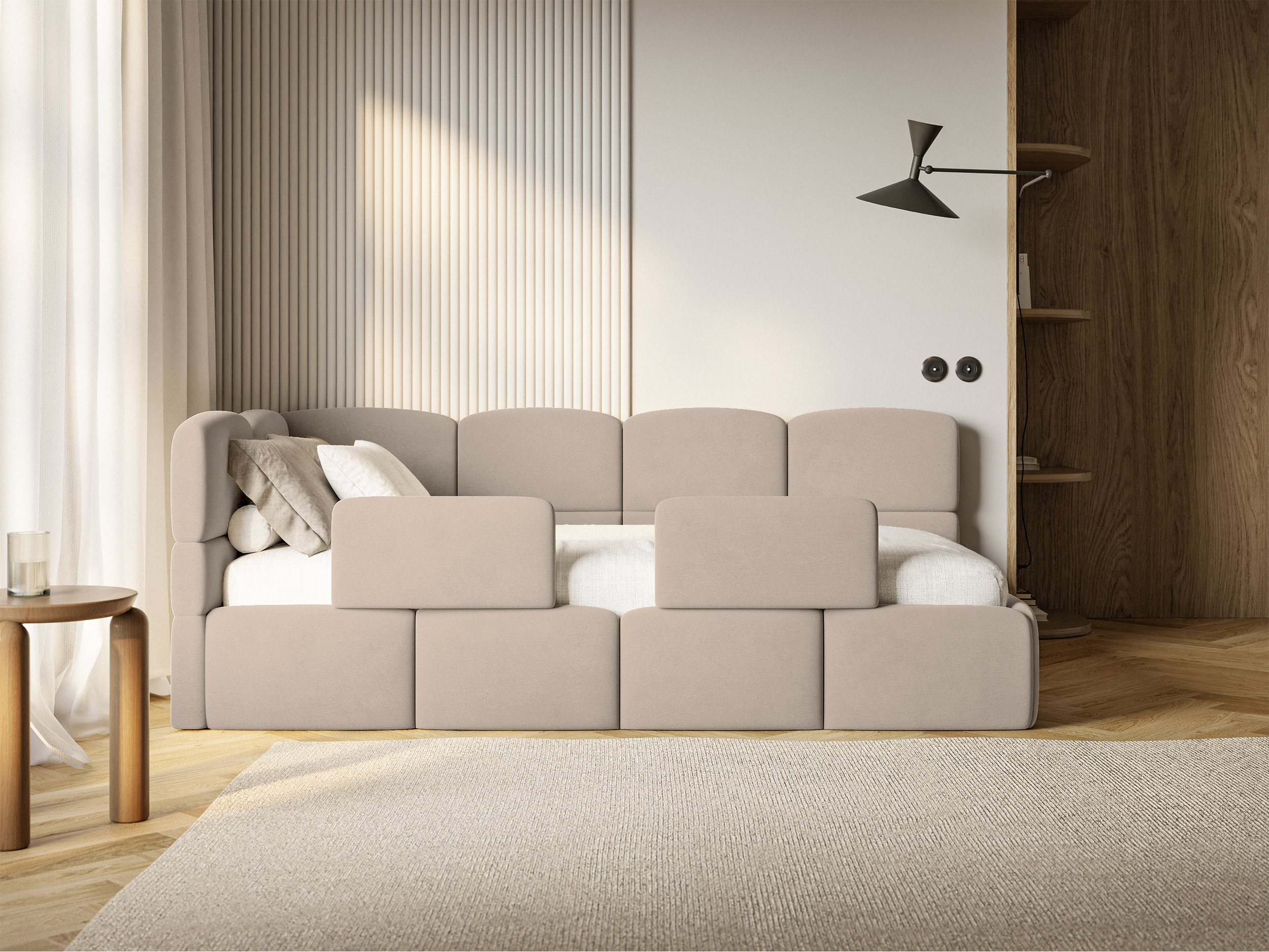 Jugendbett 120x200 cm Cloudy linksseitig mit Matratze, Stauraum und Geländern, beige Velours, wasserabweisend und leicht zu reinigen