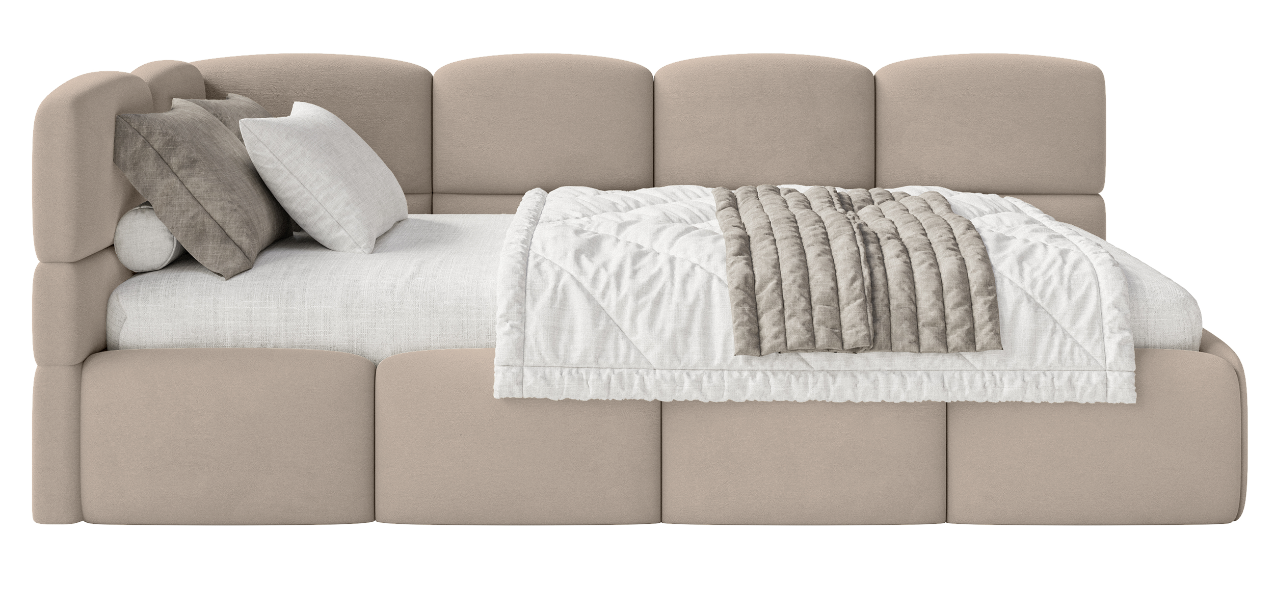 Jugendbett 120x200 cm Cloudy linksseitig mit Matratze, Stauraum und Geländern, beige Velours, wasserabweisend und leicht zu reinigen