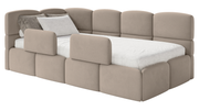 Jugendbett 120x200 cm Cloudy linksseitig mit Matratze, Stauraum und Geländern, beige Velours, wasserabweisend und leicht zu reinigen